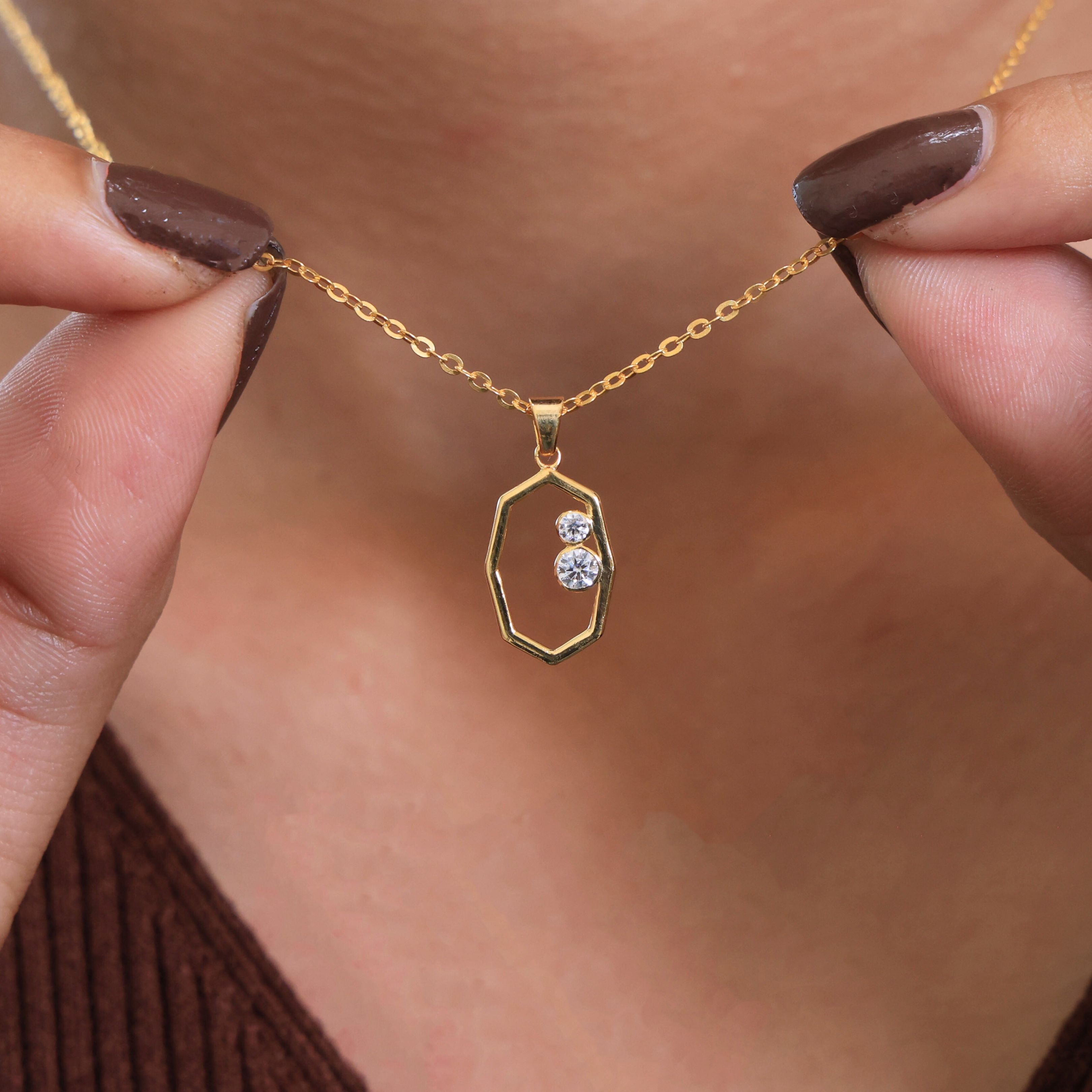 Modern Open Hexagon Two Stone Daily Wear Pendant in 14K Solid Gold, 0.15 TCW Round Cut Lab Grown Diamonds, Birthday Gift for Her, Everyday Jewelry