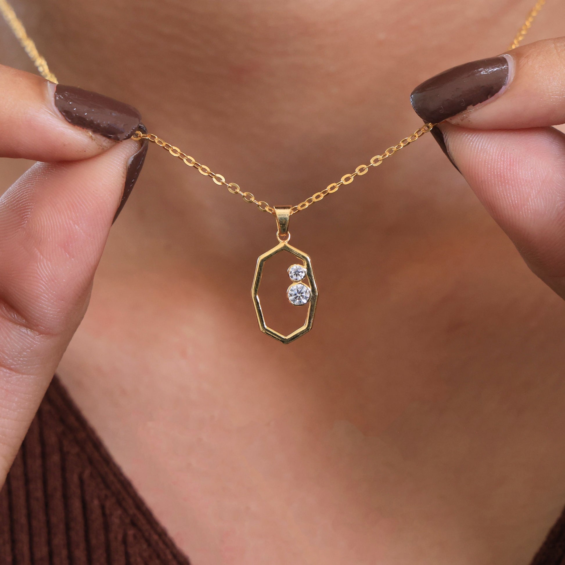 Modern Open Hexagon Two Stone Daily Wear Pendant in 14K Solid Gold, 0.15 TCW Round Cut Lab Grown Diamonds, Birthday Gift for Her, Everyday Jewelry