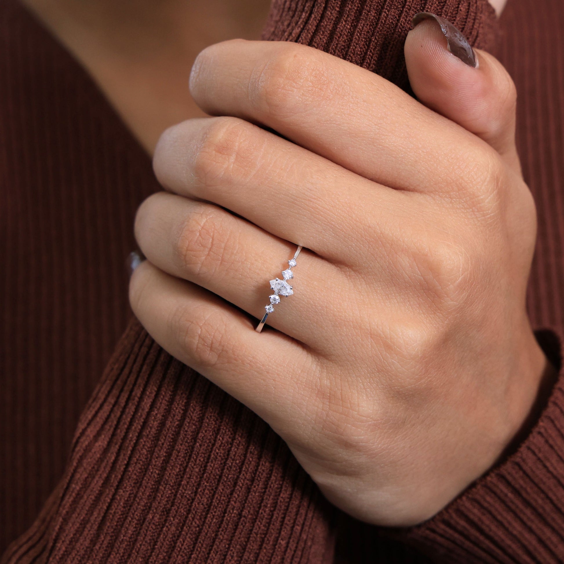 Minimalist Marquise Statement Engagement Ring in 14K Solid Gold, 0.14 CT Marquise Cut Lab Created Diamond, Dainty Ring, Wedding Gift For Wife