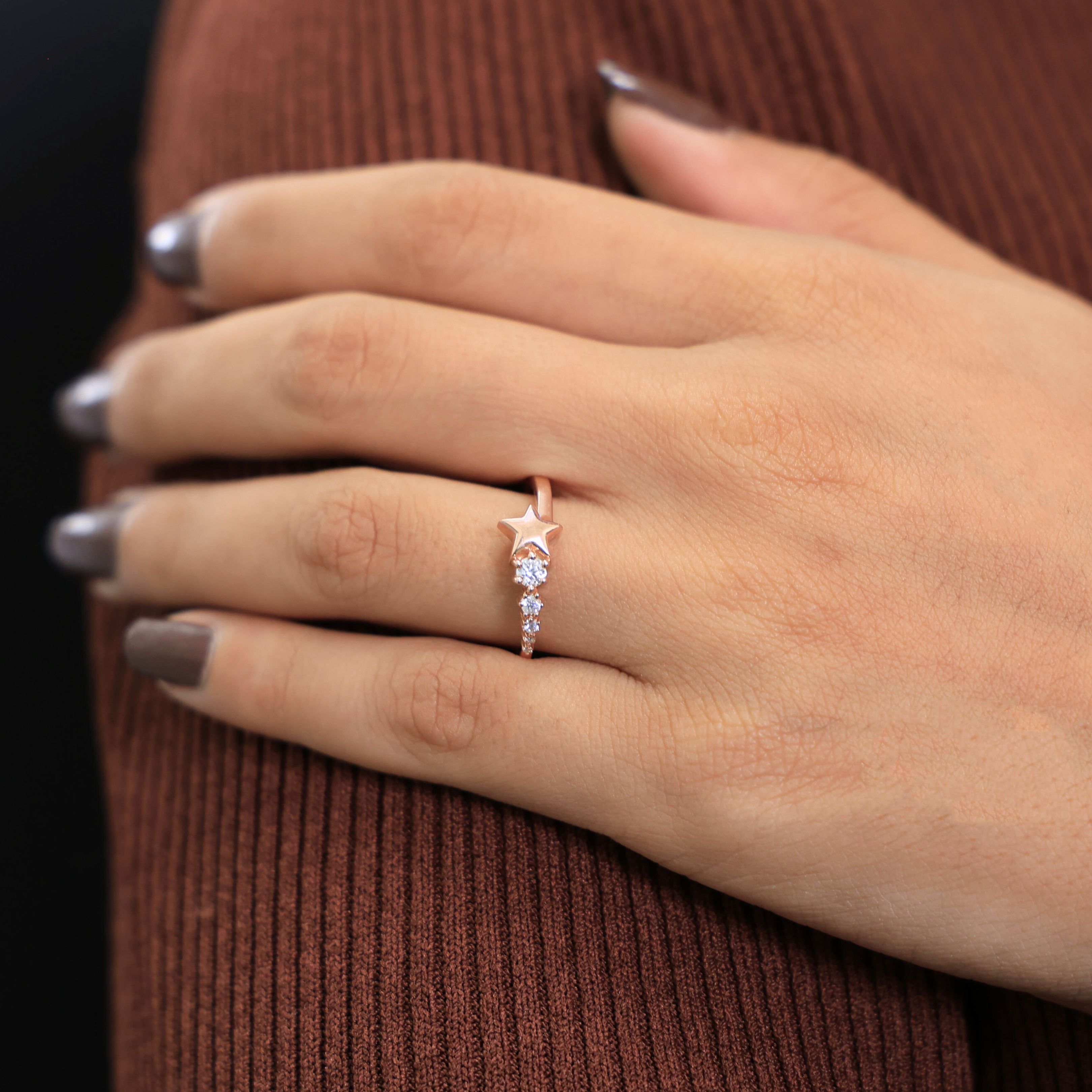 Dainty Five Star Antique Engagement Ring in 14K Solid Gold, 0.16 TCW Round Cut Lab Created Diamonds, Minimalist Promise Ring, Fashion Jewelry