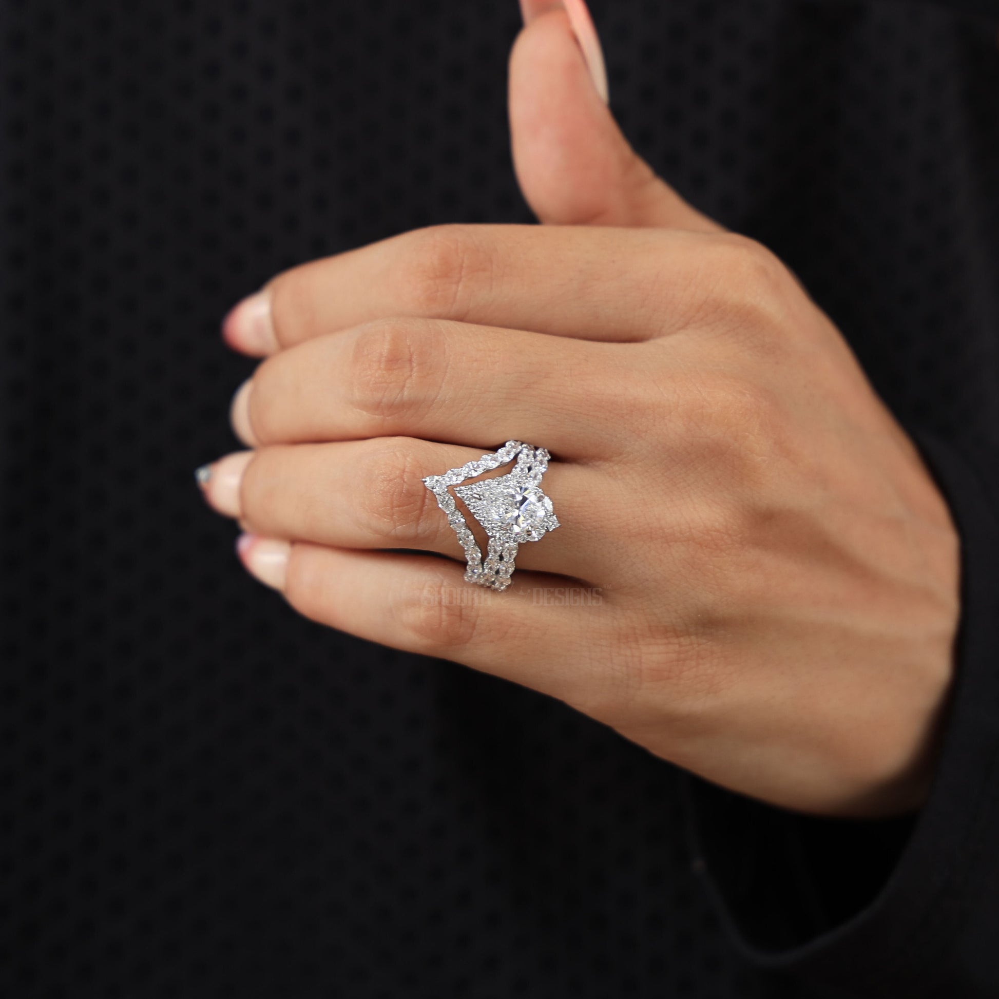 Elegant Pear Halo Chevron Ring Set in 14K White Gold with Lab Diamond, Wedding Bridal Set For Women, Handmade Jewelry
