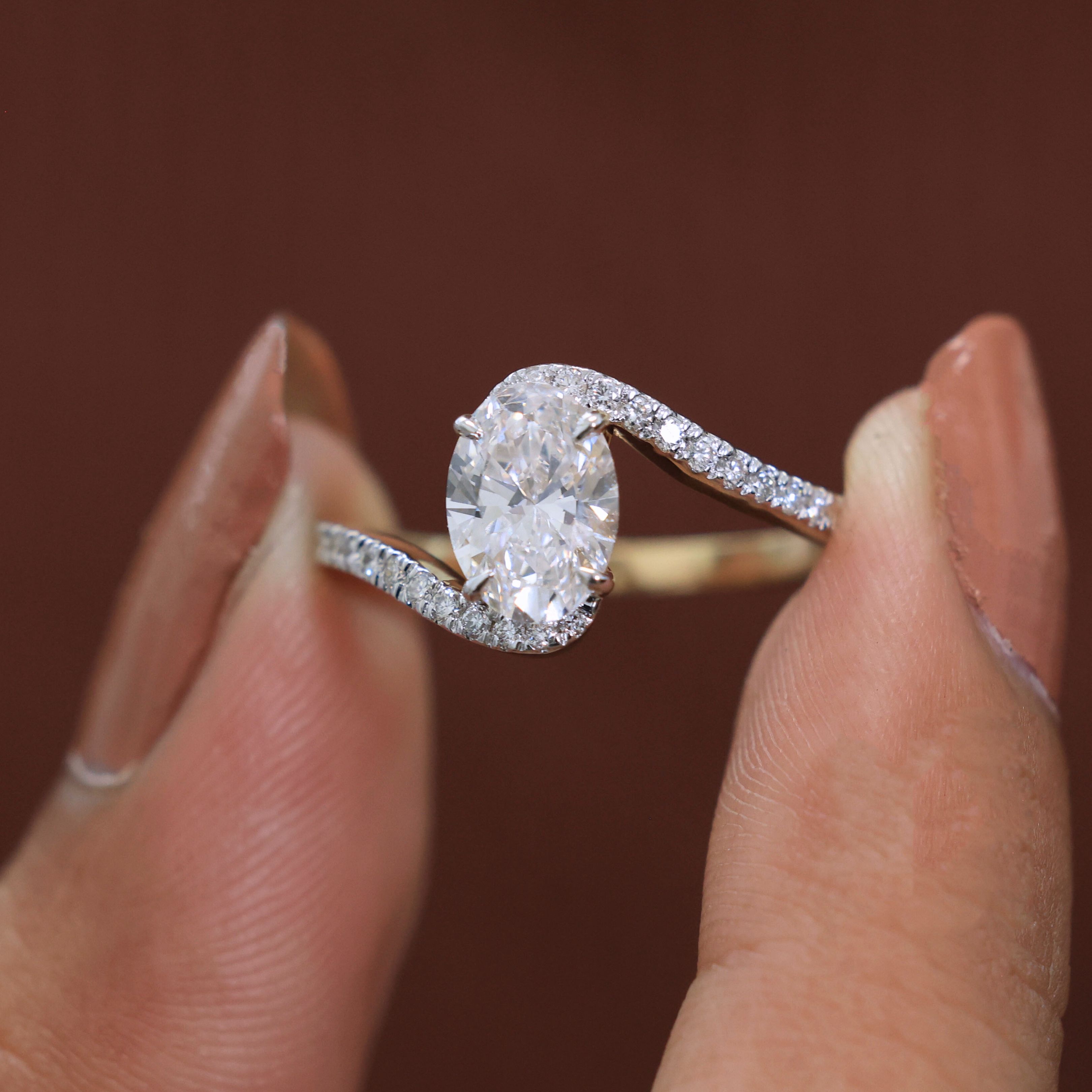 1.00 CT Oval Cut Bypass Solitaire Pave Engagement Ring in Lab Diamond - 14K Solid Gold, Birthday Gift For Her, Everyday Unique Jewelry