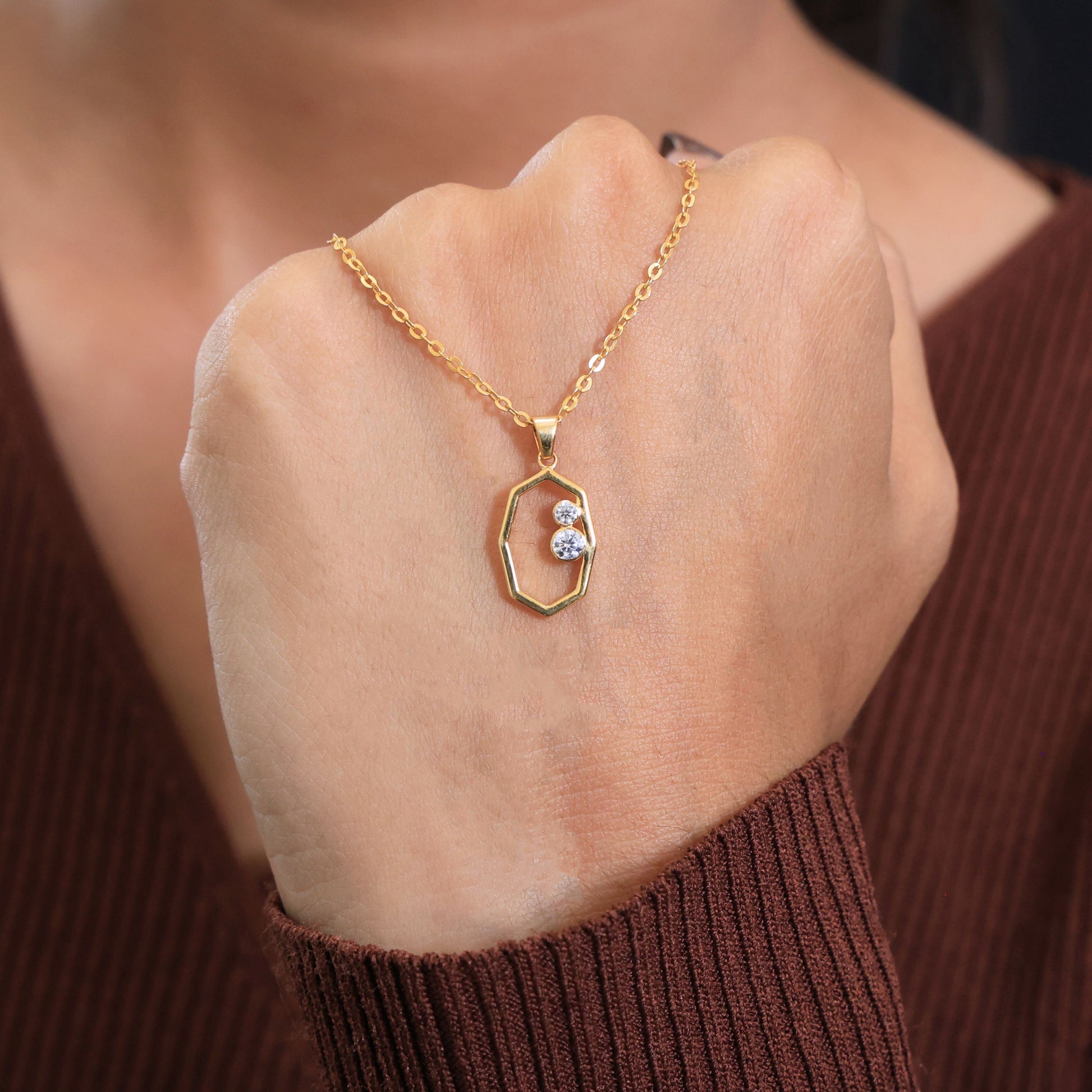 Modern Open Hexagon Two Stone Daily Wear Pendant in 14K Solid Gold, 0.15 TCW Round Cut Lab Grown Diamonds, Birthday Gift for Her, Everyday Jewelry