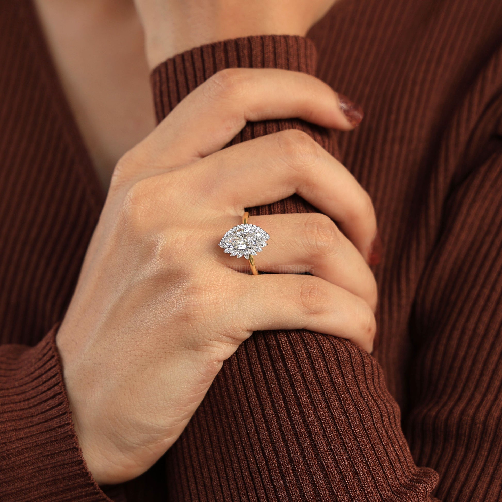 Marquise Halo Bridal Set with Contoured Diamond Open Band in Lab Grown Diamond –14k Solid Gold, Unique Ring Set, Anniversary Gift for Women
