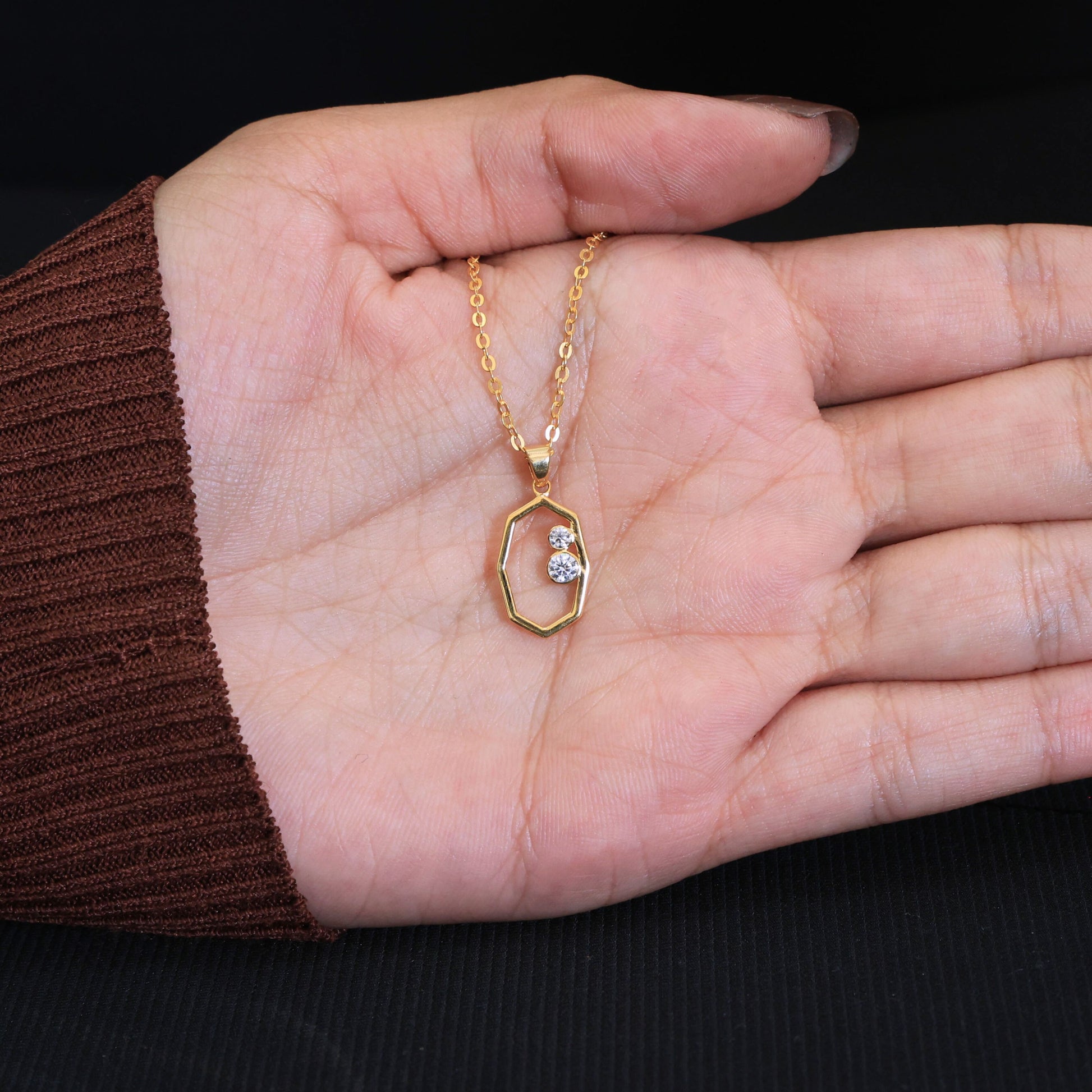 Modern Open Hexagon Two Stone Daily Wear Pendant in 14K Solid Gold, 0.15 TCW Round Cut Lab Grown Diamonds, Birthday Gift for Her, Everyday Jewelry