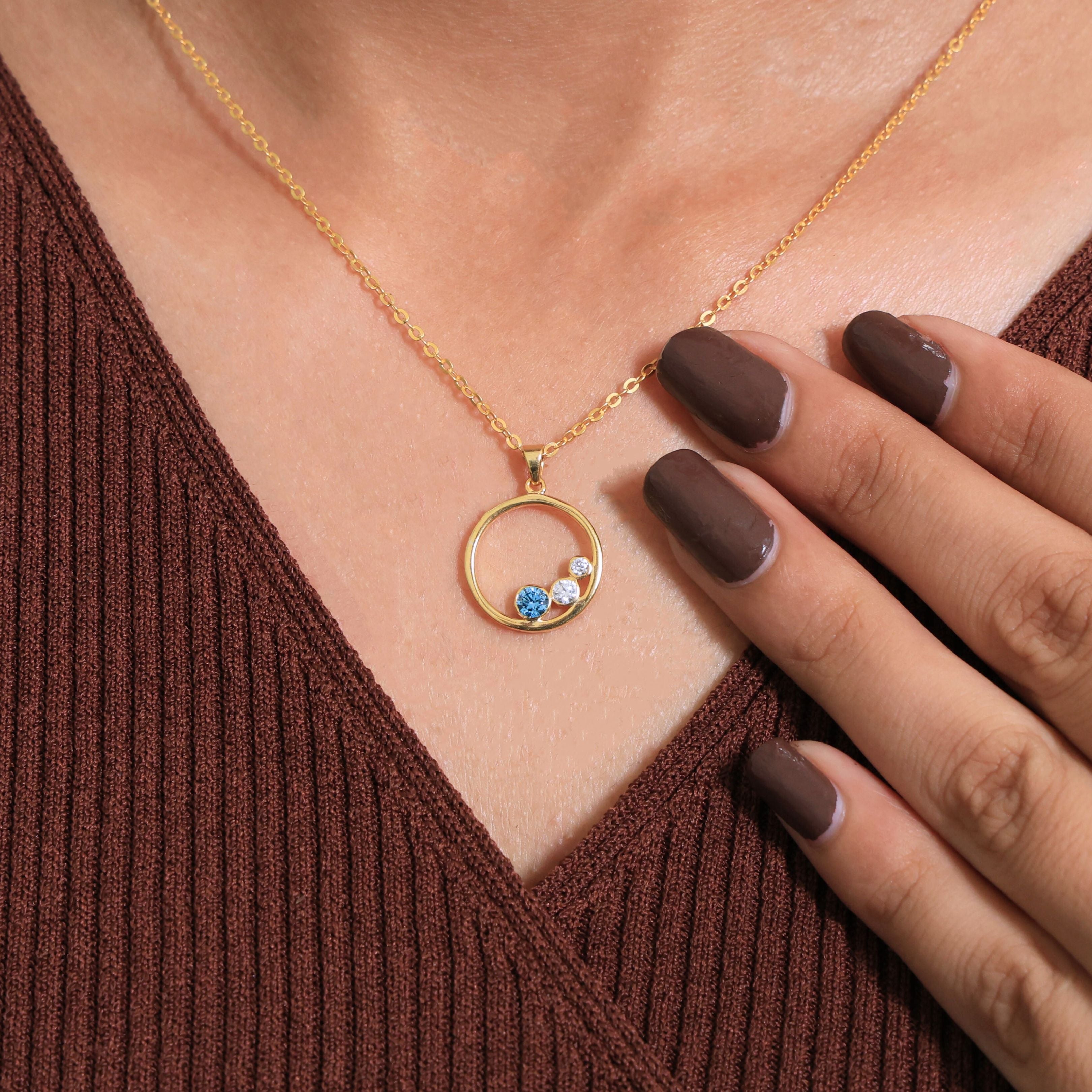 Floating Three Stone Circle Wedding Pendant in 14K Solid Gold, 0.30 TCW Round Cut Gemstone/Lab Created Diamond, Everyday Gift for Wife, Anniversary Jewelry