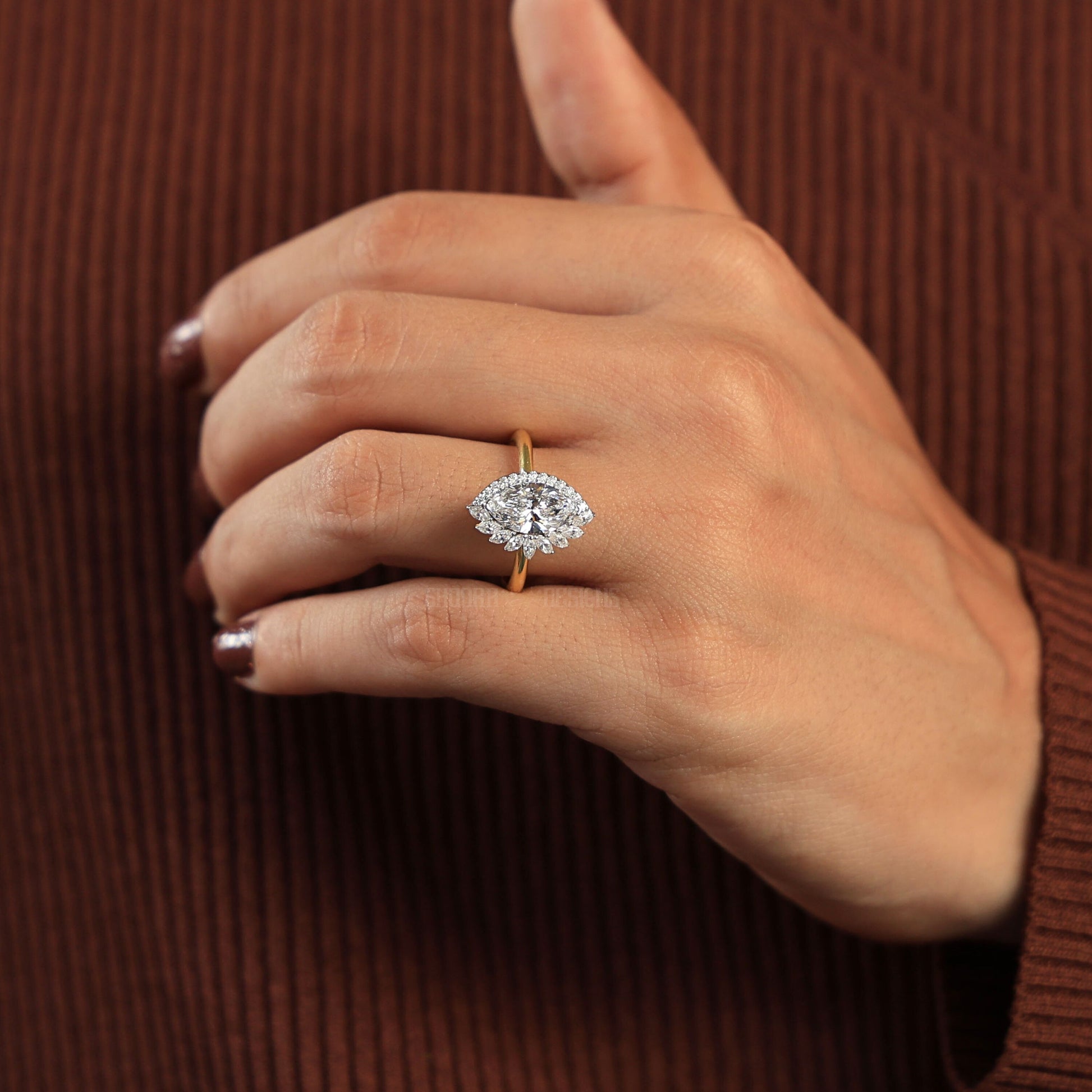 Marquise Halo Bridal Set with Contoured Diamond Open Band in Lab Grown Diamond –14k Solid Gold, Unique Ring Set, Anniversary Gift for Women