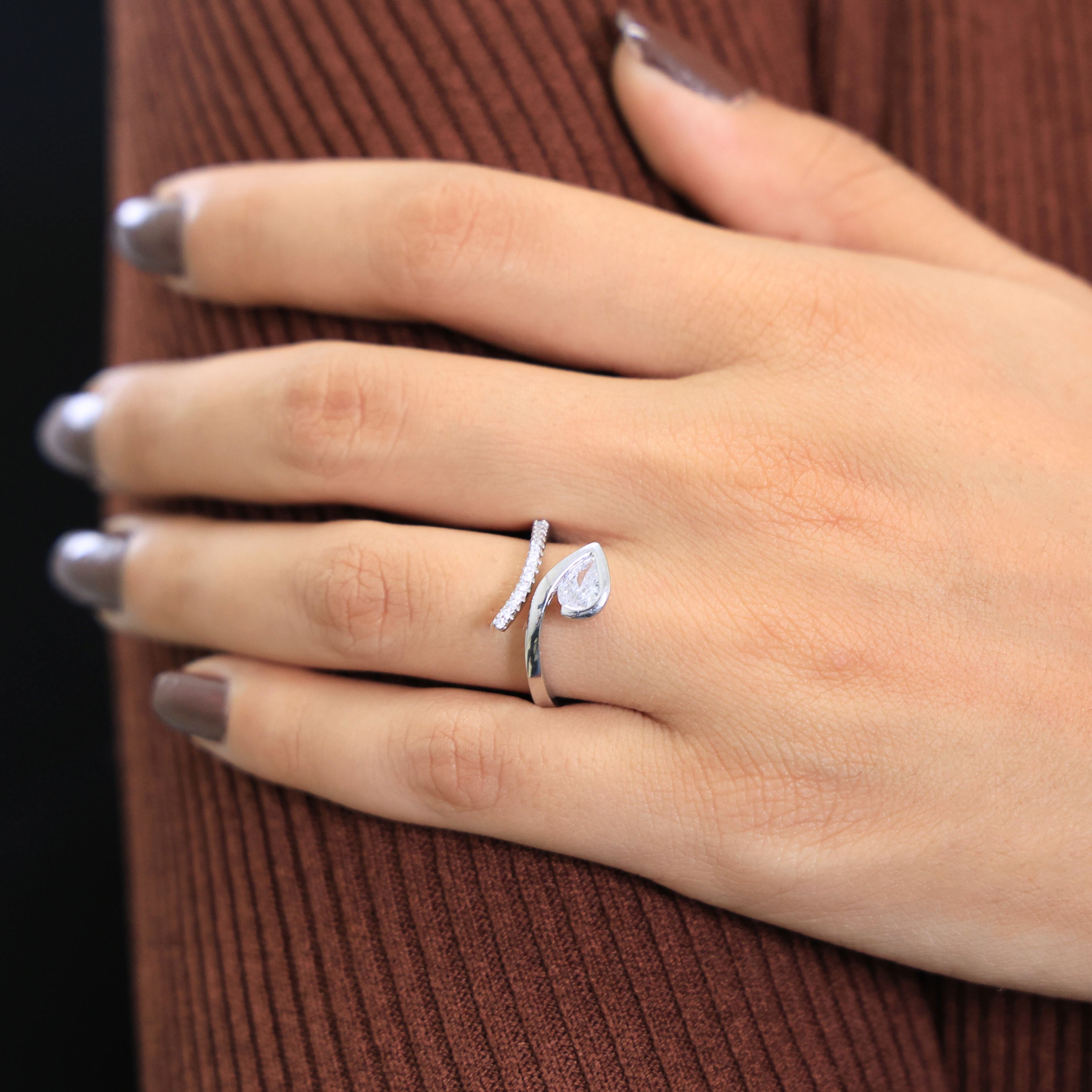 Modern Open Wrap Pear Solitaire Engagement Ring in Lab Diamond – 14k Solid Gold, Wedding Gift for Her, Handmade Bridal Jewelry