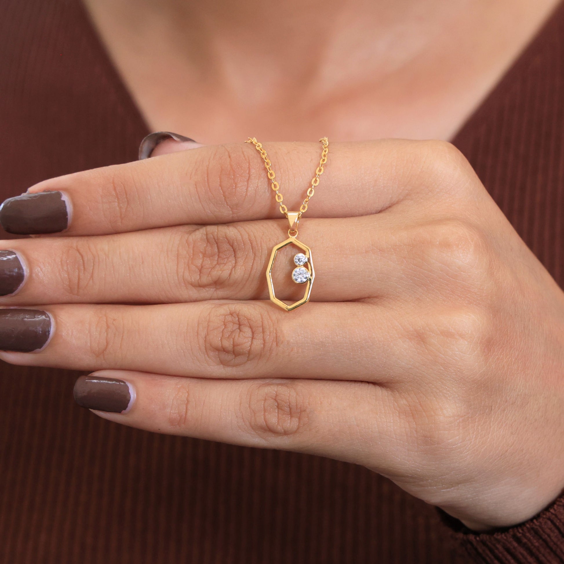 Modern Open Hexagon Two Stone Daily Wear Pendant in 14K Solid Gold, 0.15 TCW Round Cut Lab Grown Diamonds, Birthday Gift for Her, Everyday Jewelry