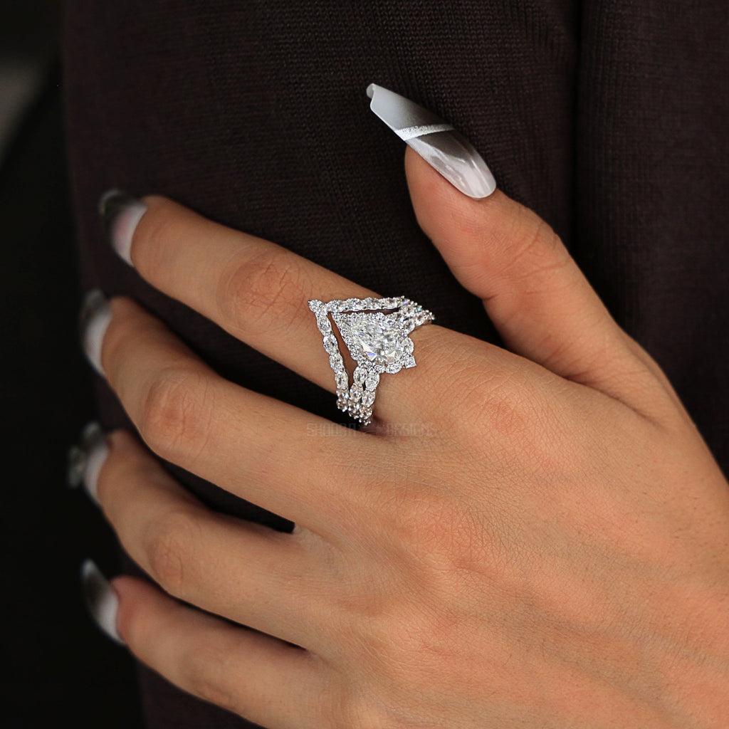 Elegant Pear Halo Chevron Ring Set in 14K White Gold with Lab Diamond, Wedding Bridal Set For Women, Handmade Jewelry