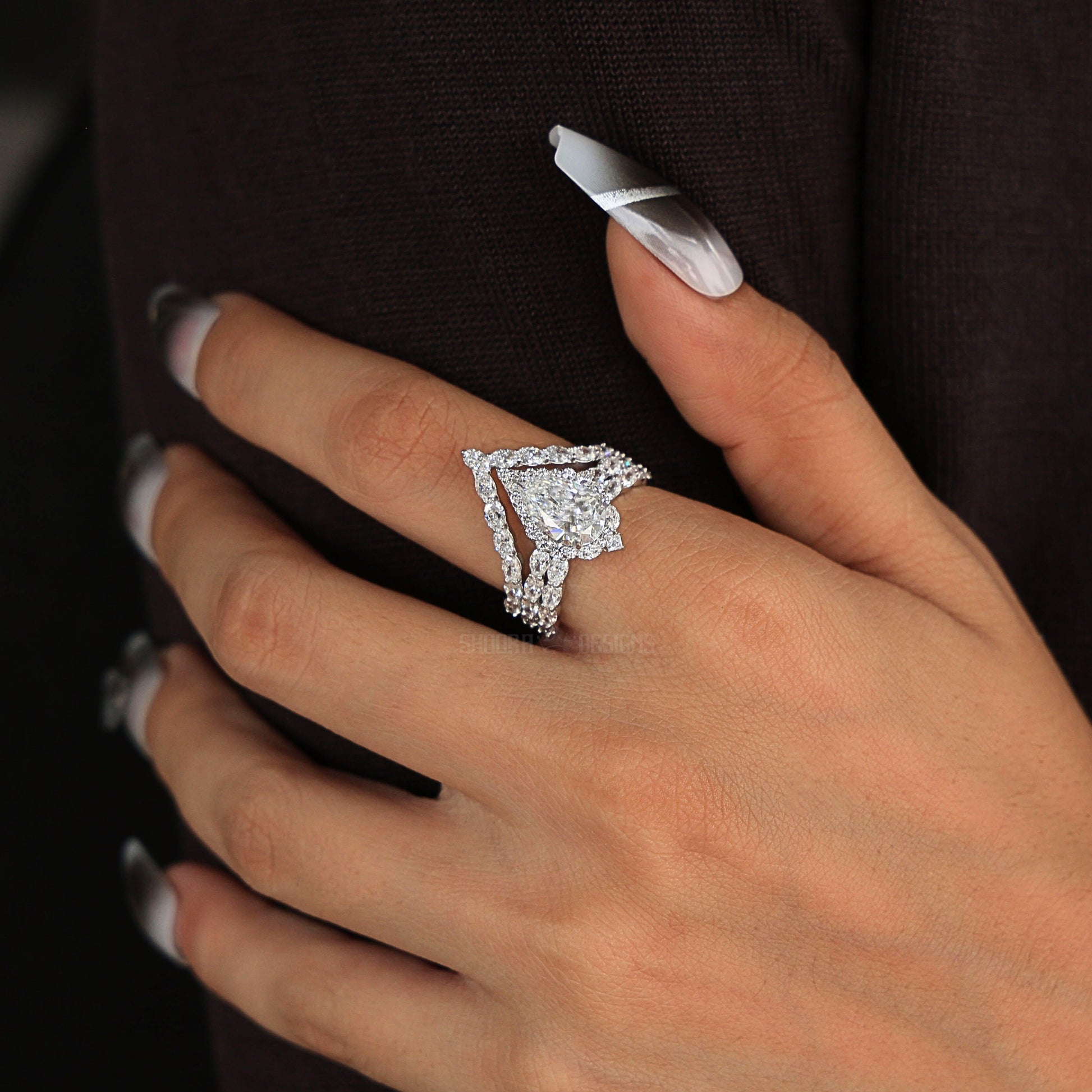 Elegant Pear Halo Chevron Ring Set in 14K White Gold with Lab Diamond, Wedding Bridal Set For Women, Handmade Jewelry