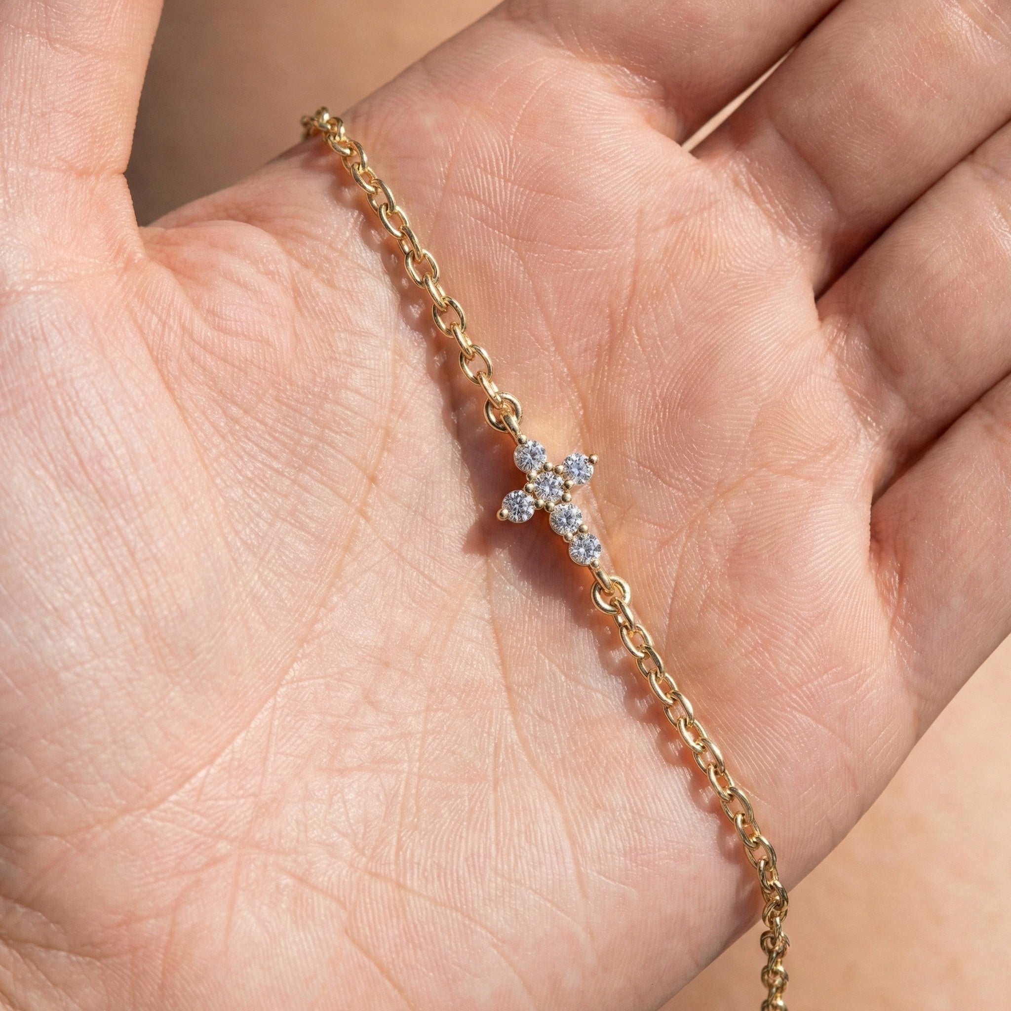 Everyday Jesus Cross Link Bracelet in 14K Solid Gold, 0.21 TCW Round Cut Lab Grown diamonds, Women's Minimal Jewelry, Gift for Her