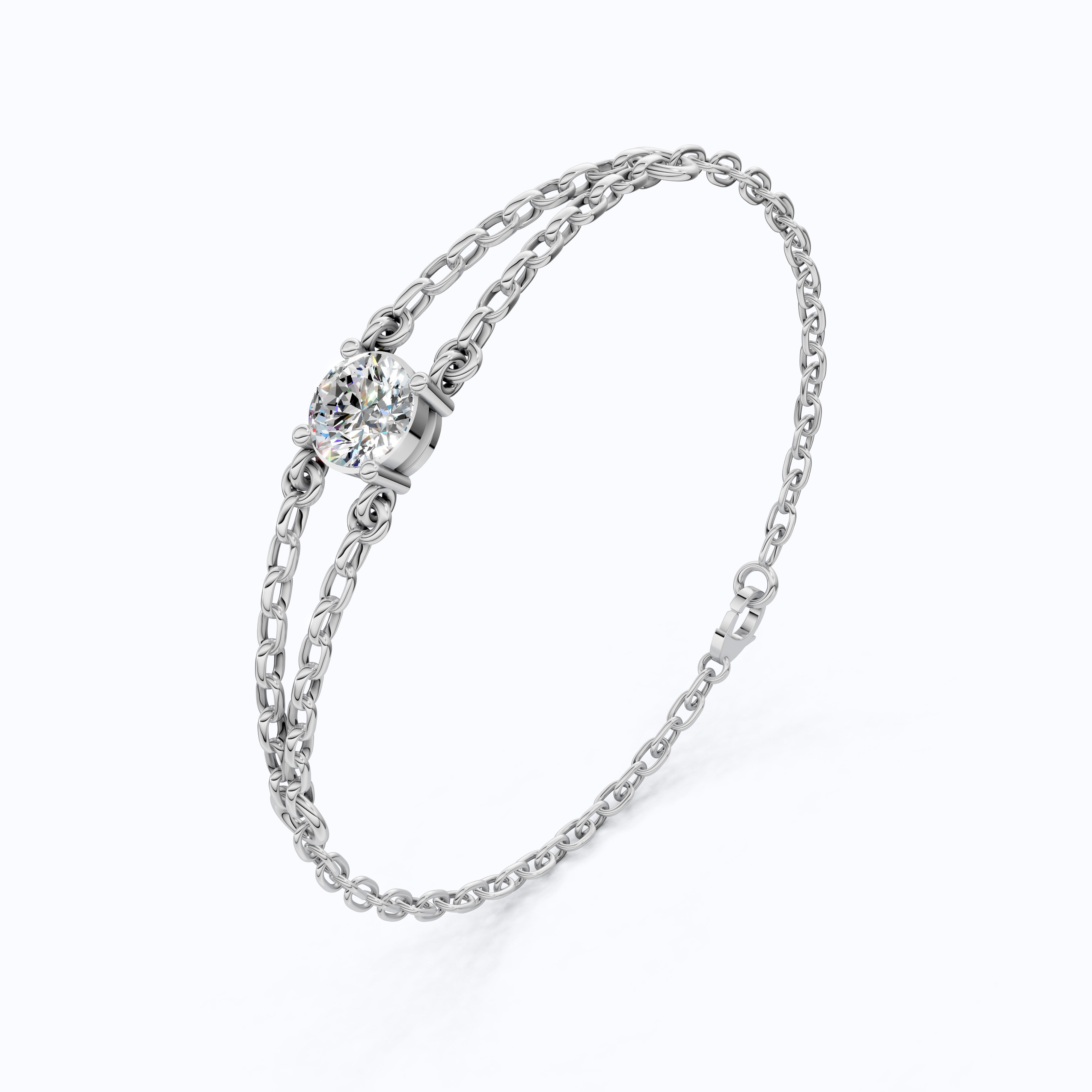 Minimalist Bezel Solitaire Double-Chain Bracelet in 14k Solid Gold, 1.00 CT Round Cut Lab Grown Diamond, Wedding Bracelet Gift for Women