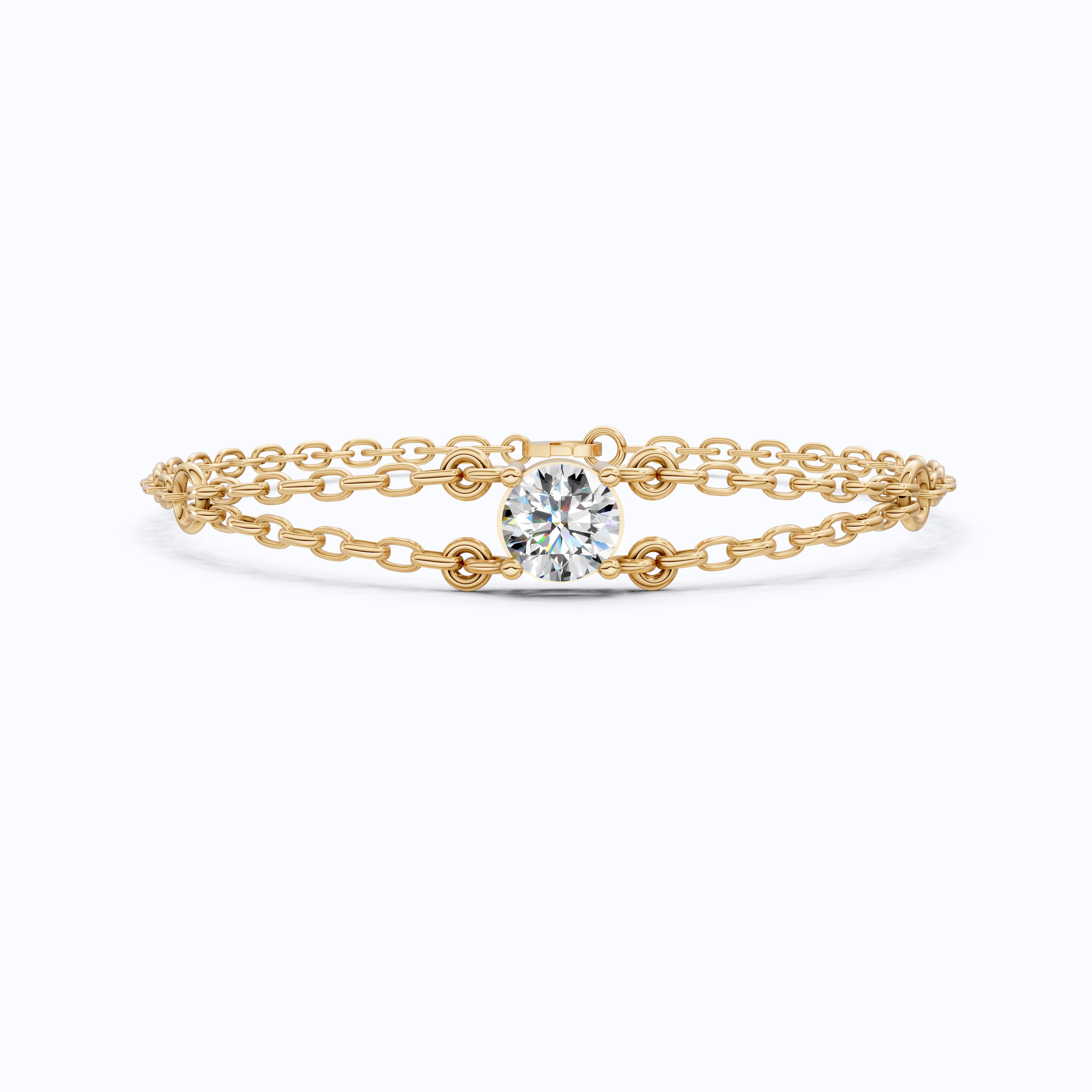 Minimalist Bezel Solitaire Double-Chain Bracelet in 14k Solid Gold, 1.00 CT Round Cut Lab Grown Diamond, Wedding Bracelet Gift for Women