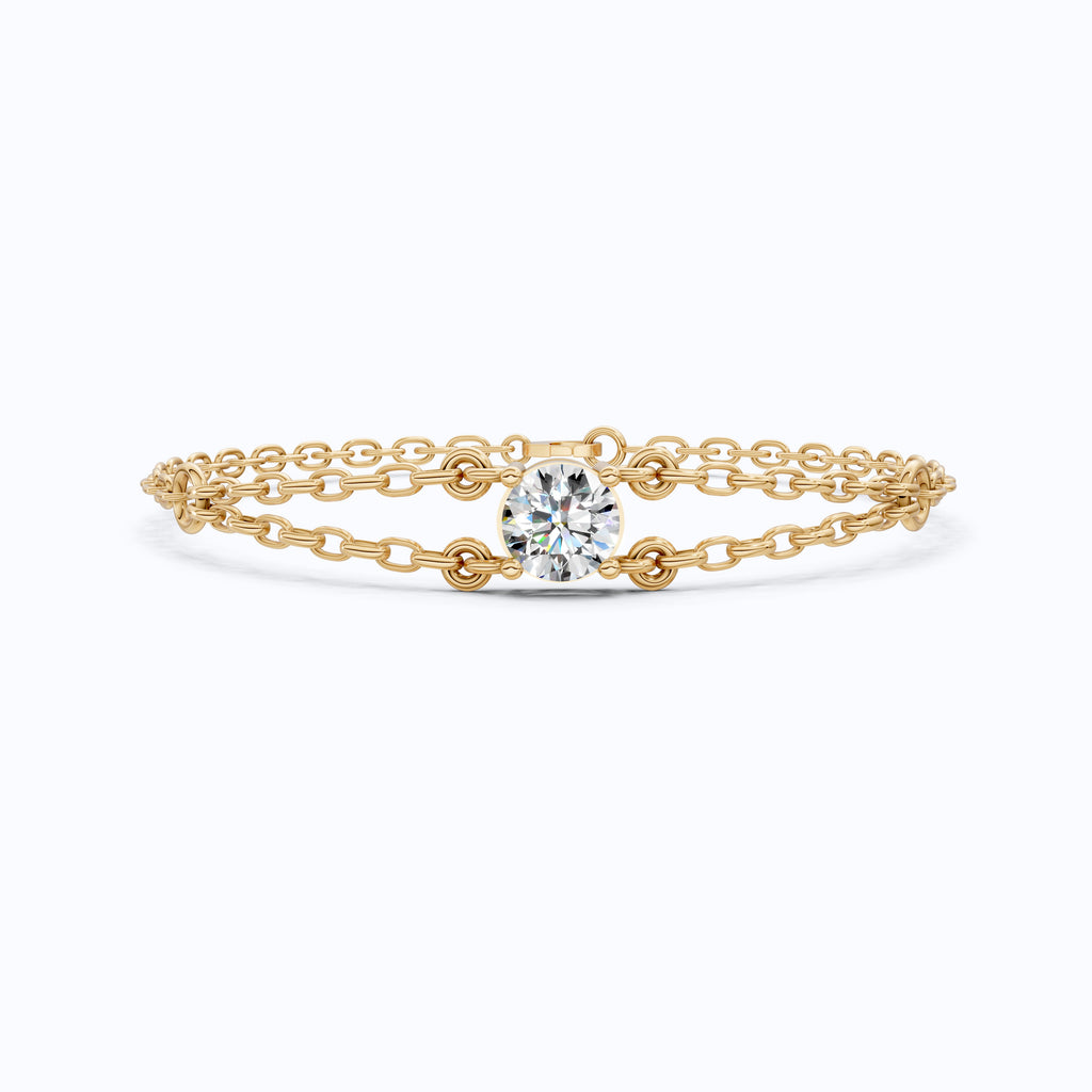 Minimalist Bezel Solitaire Double-Chain Bracelet in 14k Solid Gold, 1.00 CT Round Cut Lab Grown Diamond, Wedding Bracelet Gift for Women