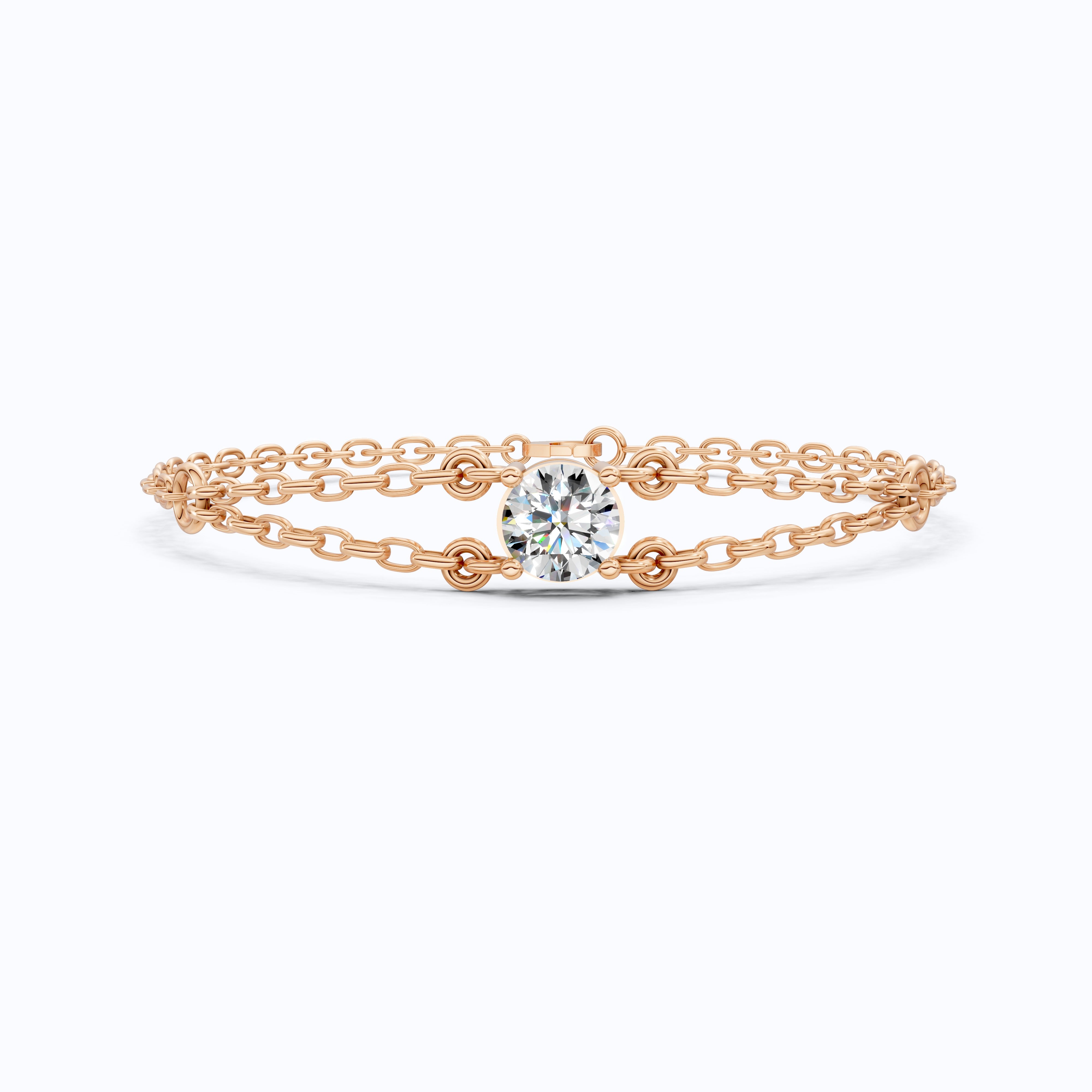 Minimalist Bezel Solitaire Double-Chain Bracelet in 14k Solid Gold, 1.00 CT Round Cut Lab Grown Diamond, Wedding Bracelet Gift for Women