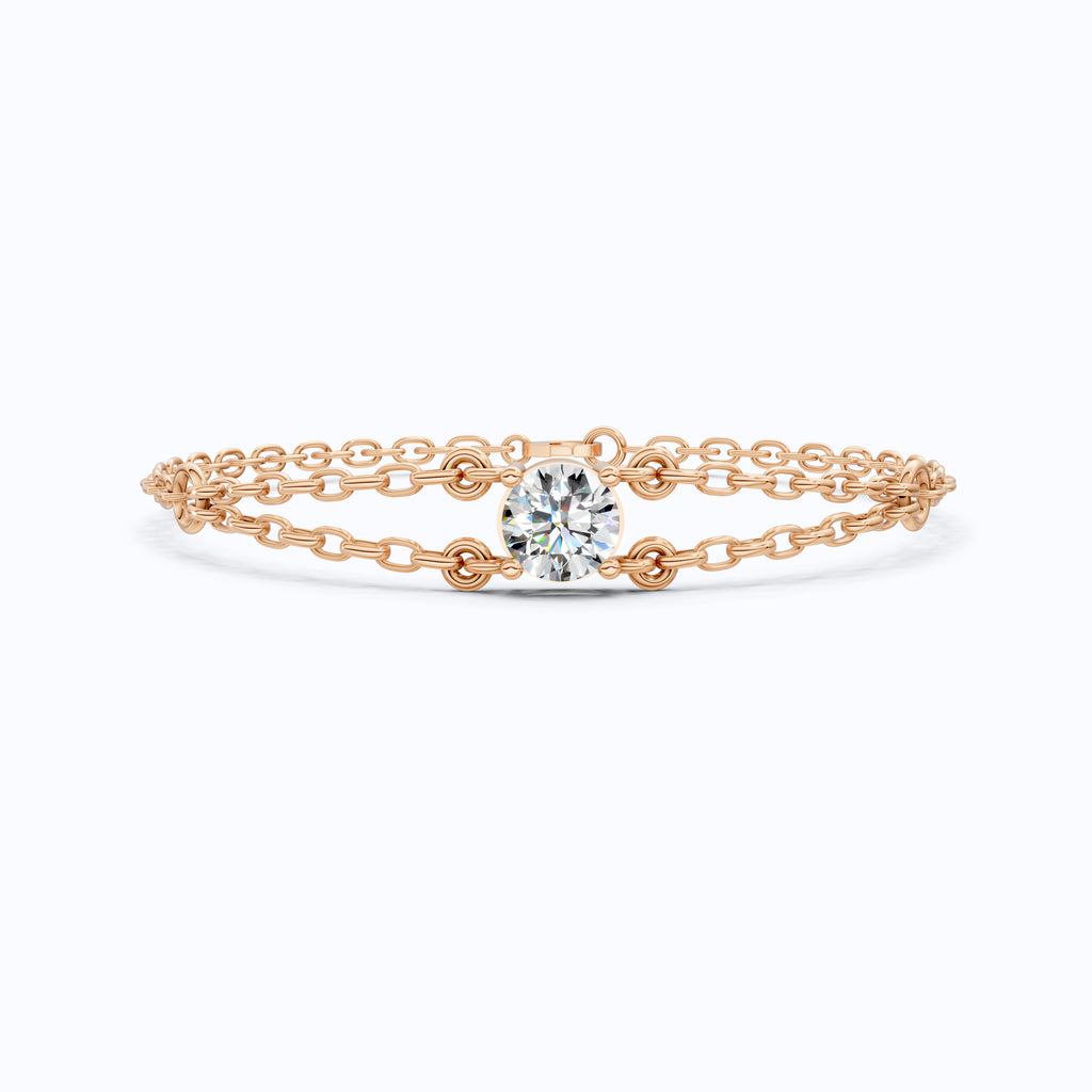 Minimalist Bezel Solitaire Double-Chain Bracelet in 14k Solid Gold, 1.00 CT Round Cut Lab Grown Diamond, Wedding Bracelet Gift for Women