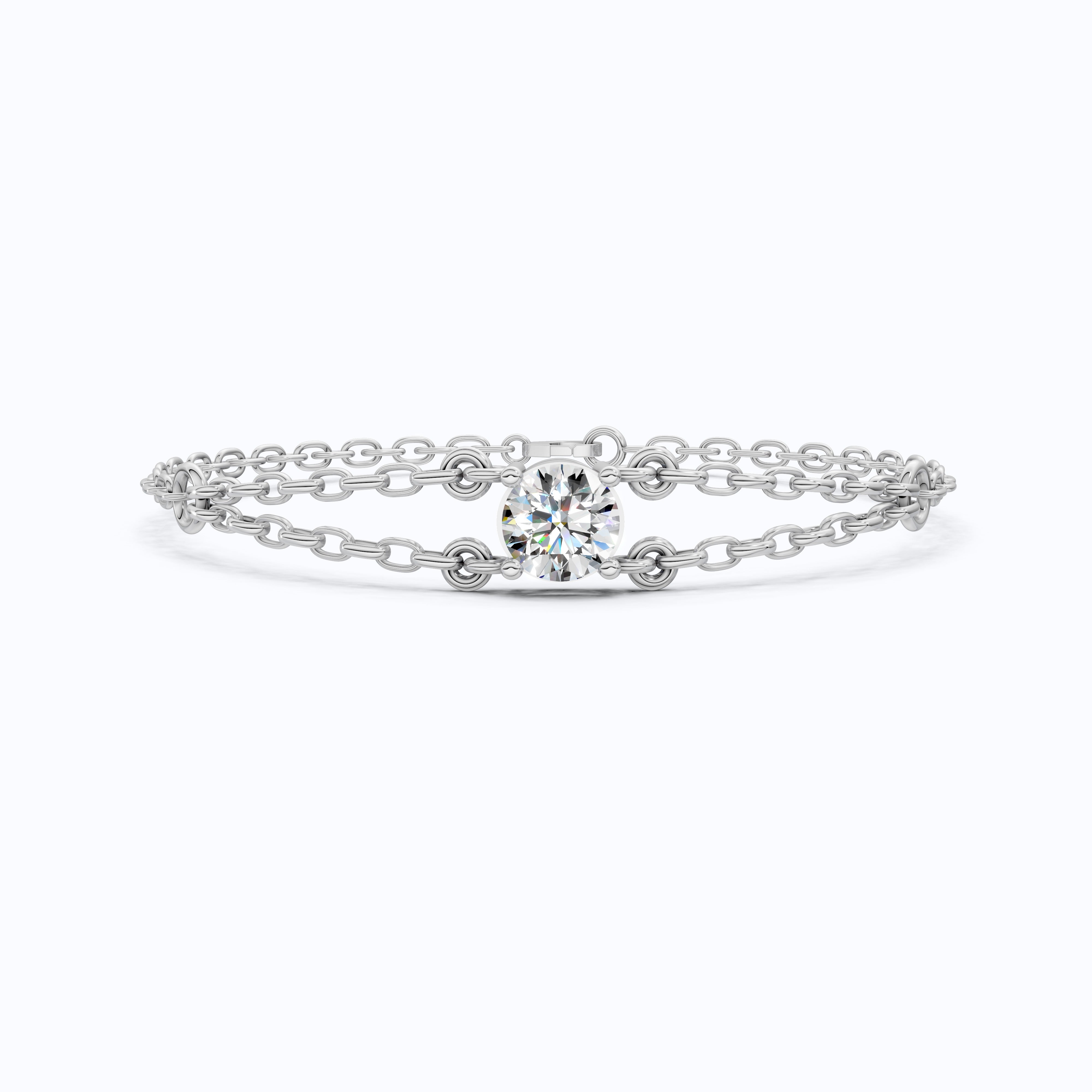 Minimalist Bezel Solitaire Double-Chain Bracelet in 14k Solid Gold, 1.00 CT Round Cut Lab Grown Diamond, Wedding Bracelet Gift for Women