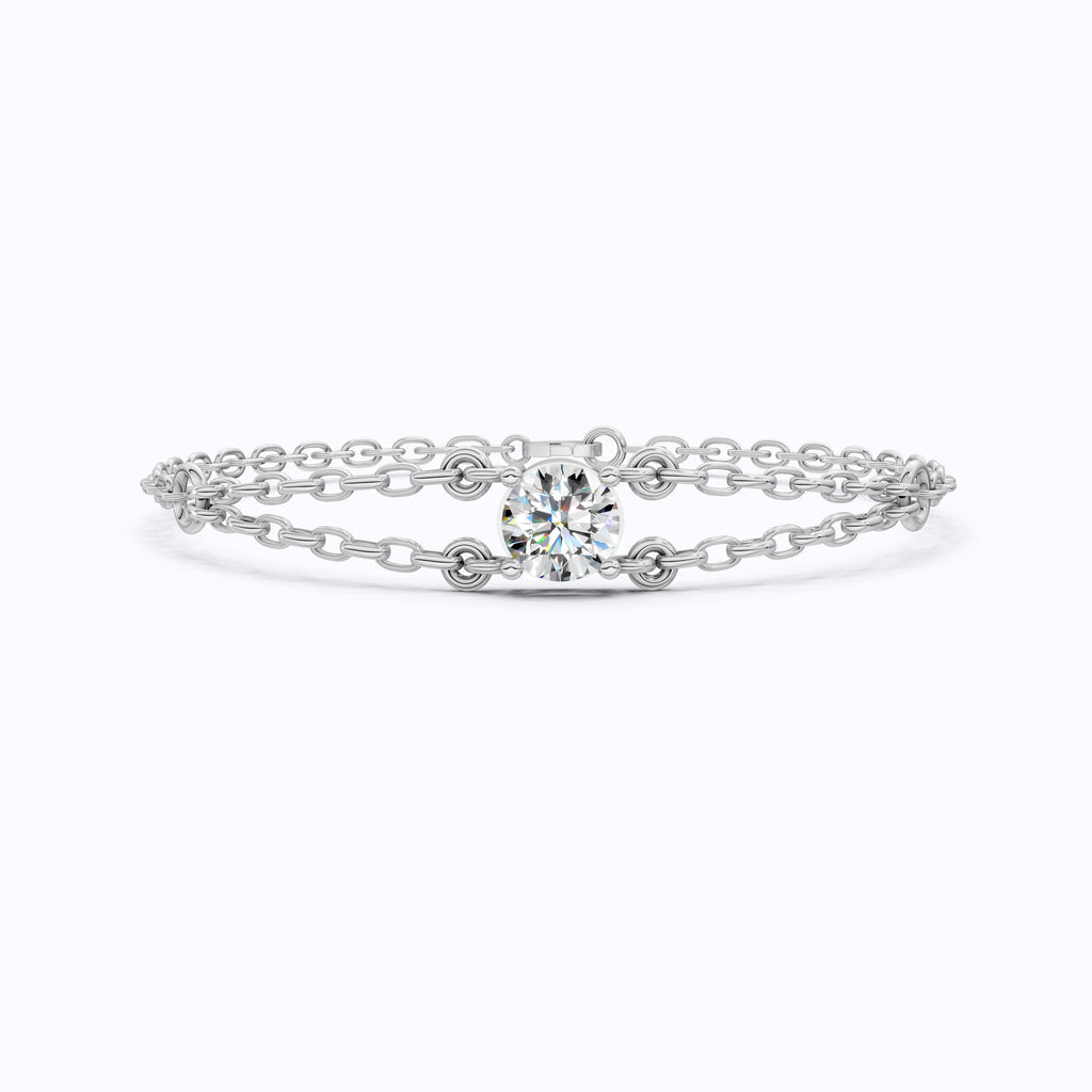 Minimalist Bezel Solitaire Double-Chain Bracelet in 14k Solid Gold, 1.00 CT Round Cut Lab Grown Diamond, Wedding Bracelet Gift for Women