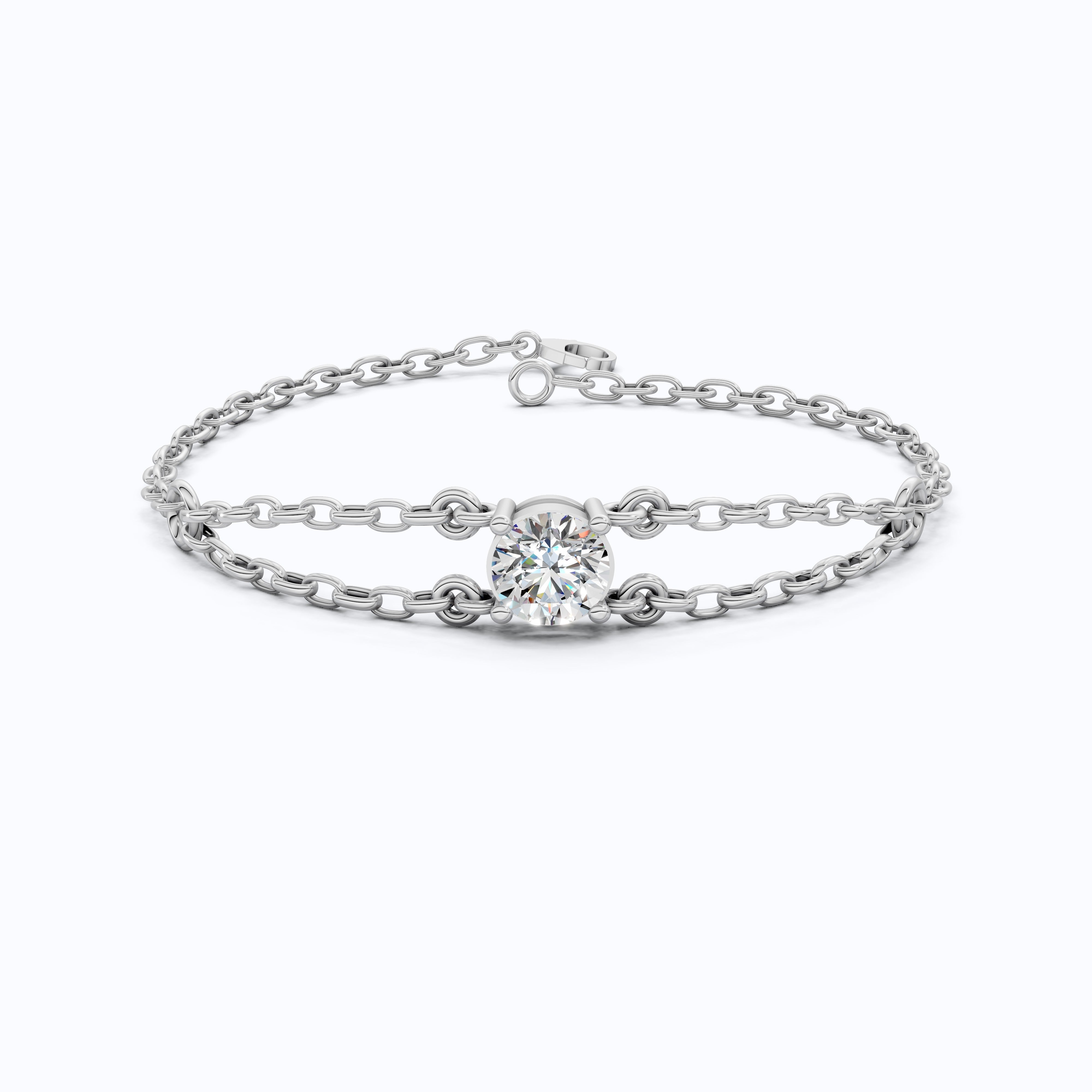 Minimalist Bezel Solitaire Double-Chain Bracelet in 14k Solid Gold, 1.00 CT Round Cut Lab Grown Diamond, Wedding Bracelet Gift for Women