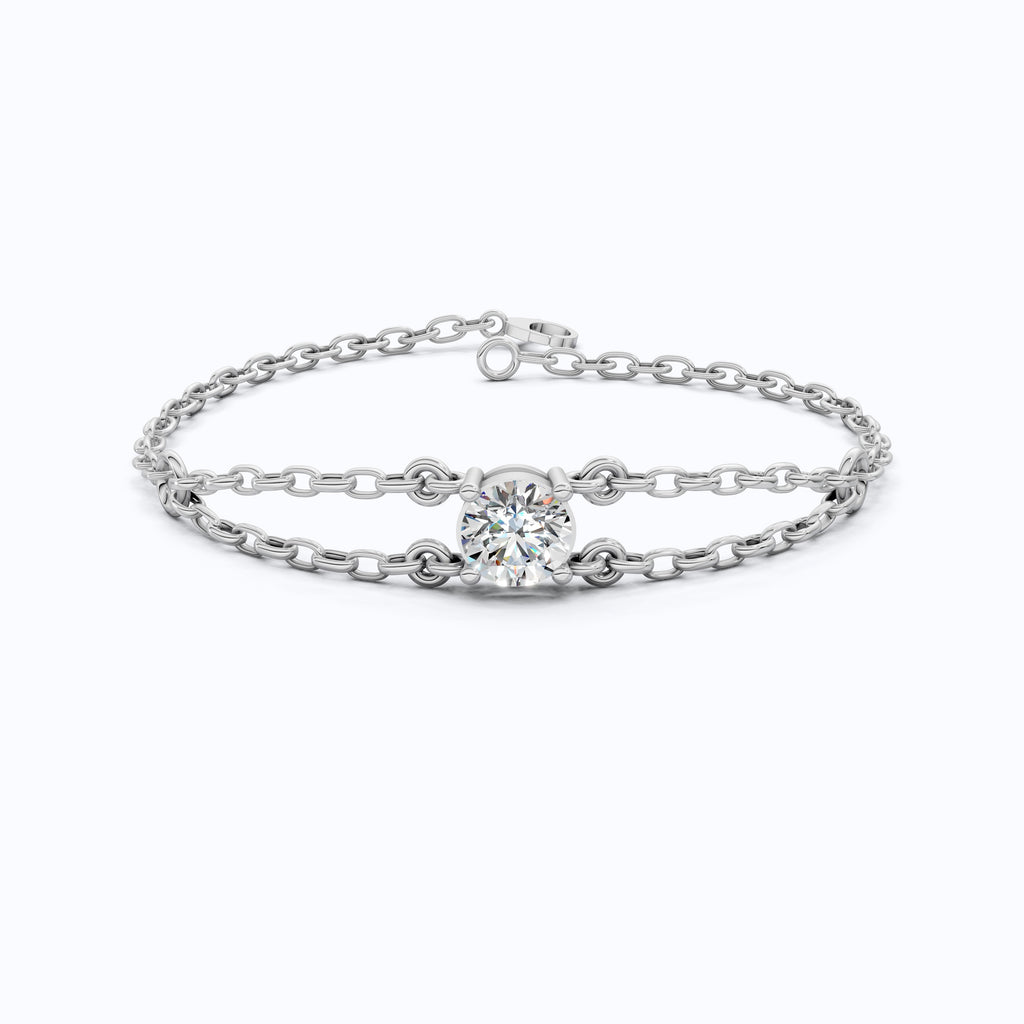 Minimalist Bezel Solitaire Double-Chain Bracelet in 14k Solid Gold, 1.00 CT Round Cut Lab Grown Diamond, Wedding Bracelet Gift for Women