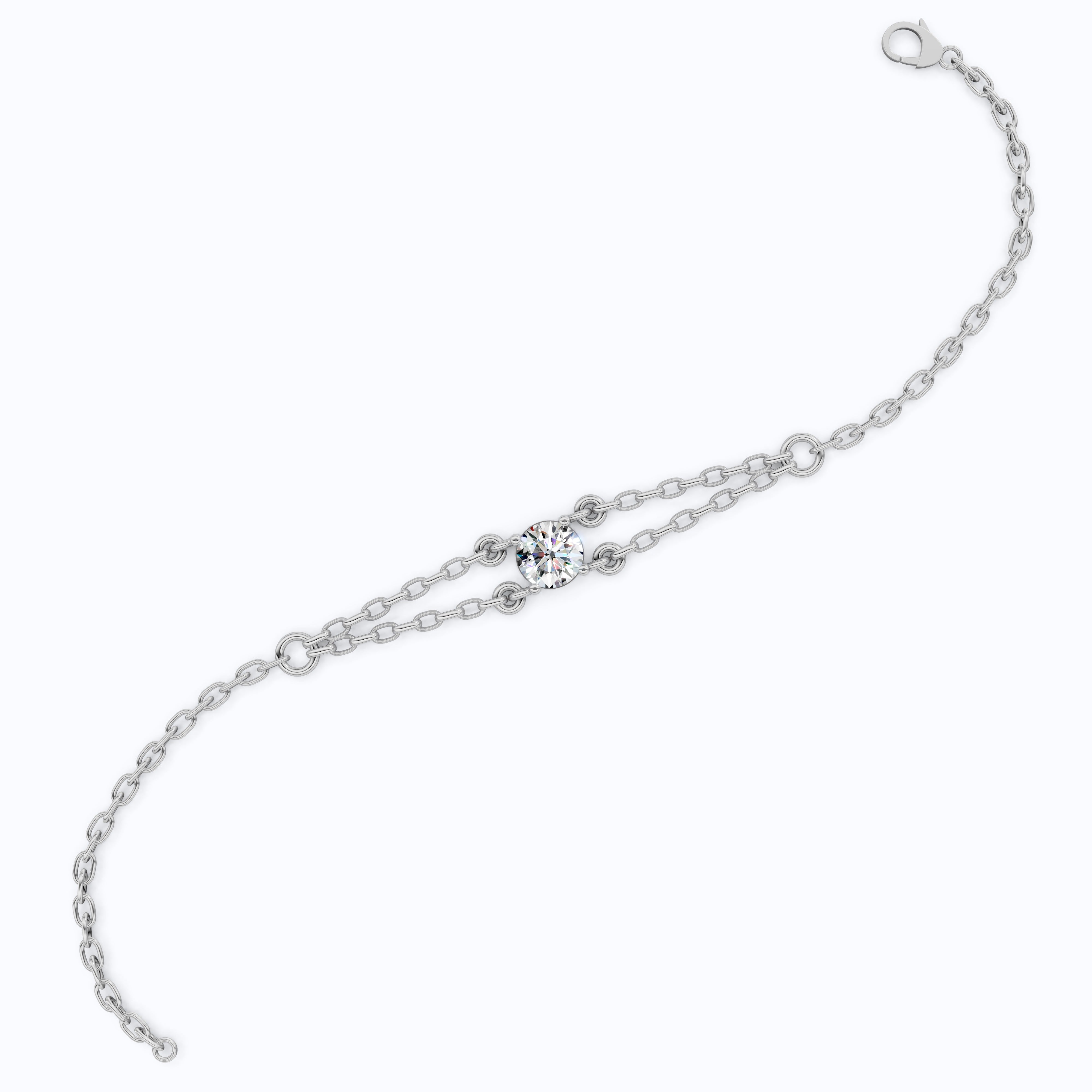 Minimalist Bezel Solitaire Double-Chain Bracelet in 14k Solid Gold, 1.00 CT Round Cut Lab Grown Diamond, Wedding Bracelet Gift for Women