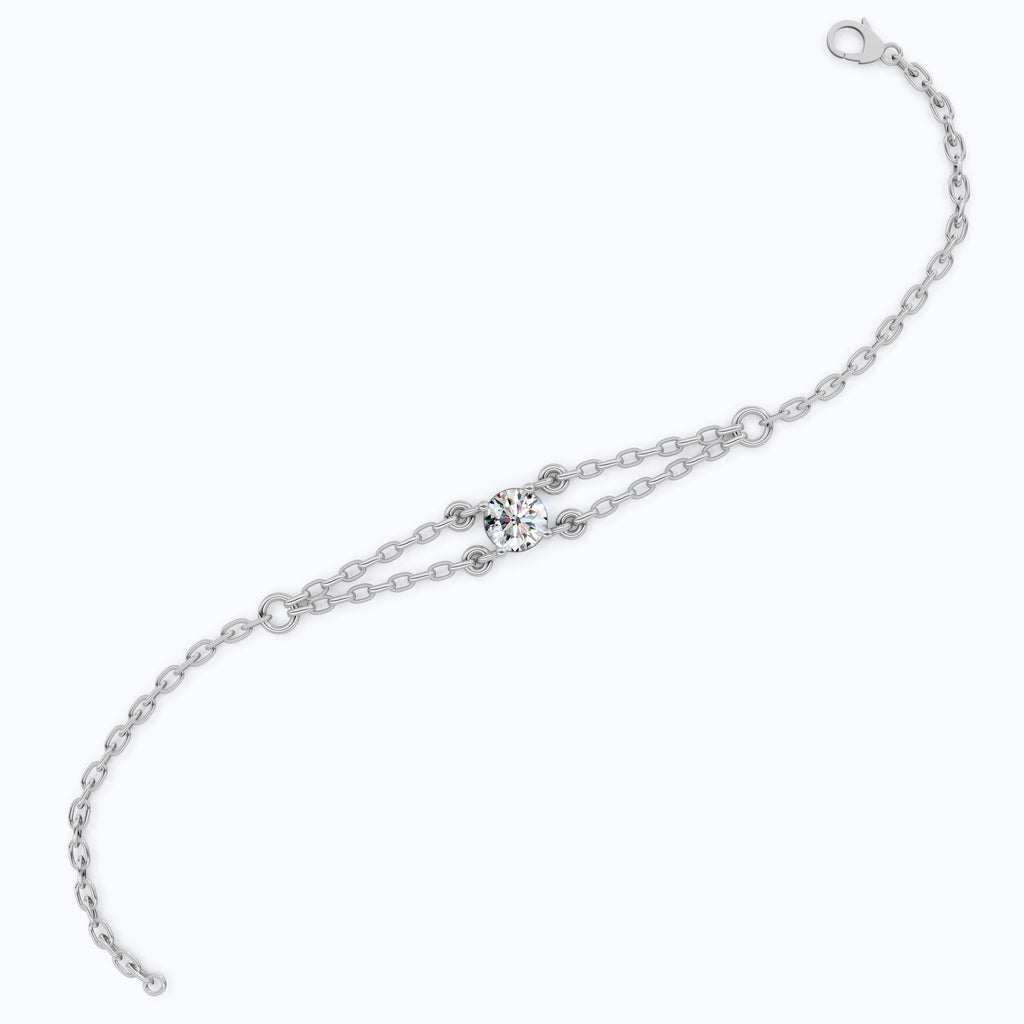 Minimalist Bezel Solitaire Double-Chain Bracelet in 14k Solid Gold, 1.00 CT Round Cut Lab Grown Diamond, Wedding Bracelet Gift for Women