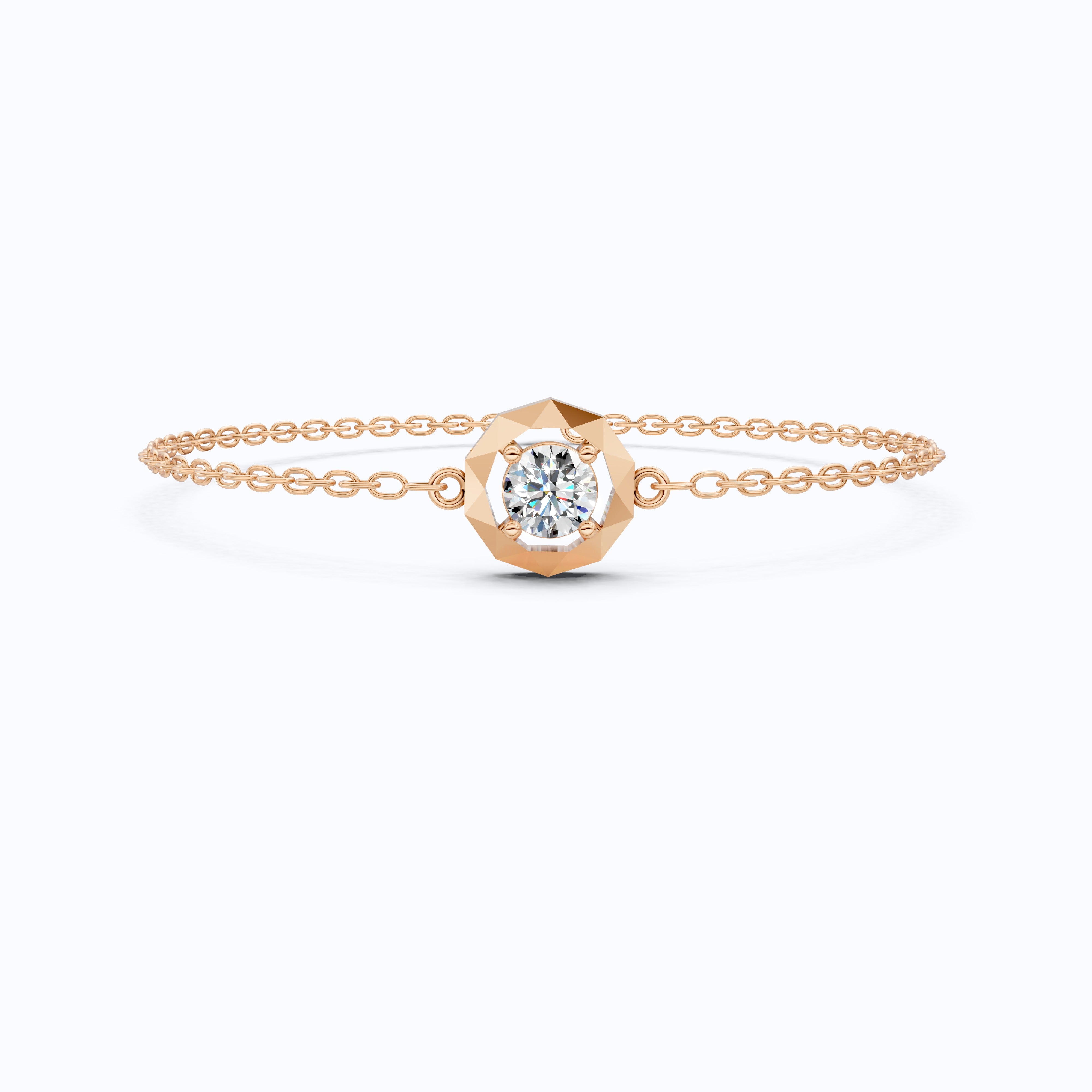 Classic Octagon Shaped Bezel Setting Solitaire Chain Bracelet in 14k Solid Gold, 0.30 CT Round Cut Lab Grown Diamond, Anniversary Gift For Women, Everyday Bracelet