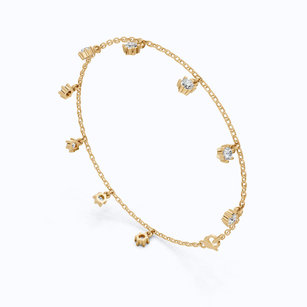 Round Station Diamond And Chain Bracelet in Lab Grown Diamond-14k Solid Gold, Handmade Chain Bracelet, Wedding Gift for Wife