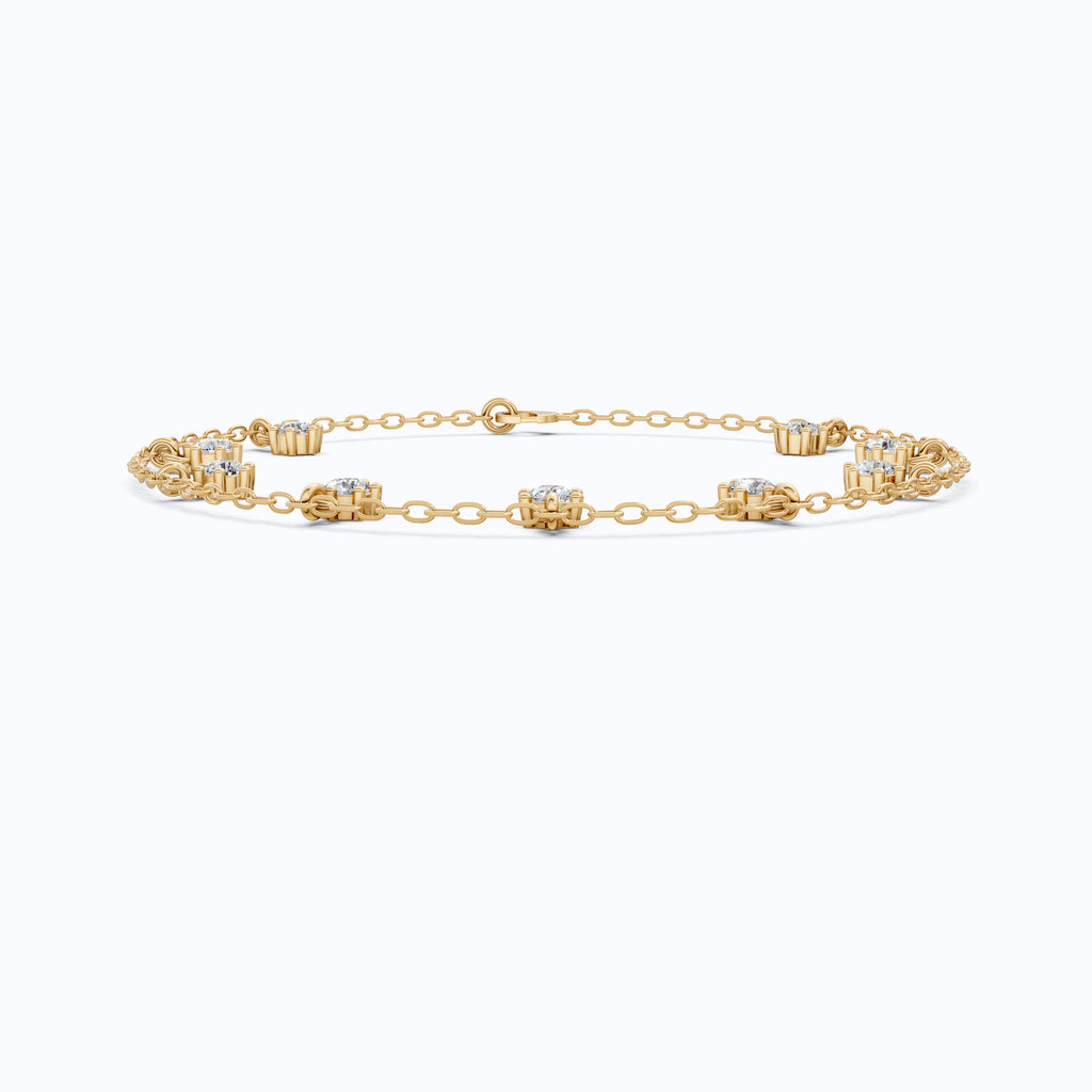 Round Station Diamond And Chain Bracelet in Lab Grown Diamond-14k Solid Gold, Handmade Chain Bracelet, Wedding Gift for Wife