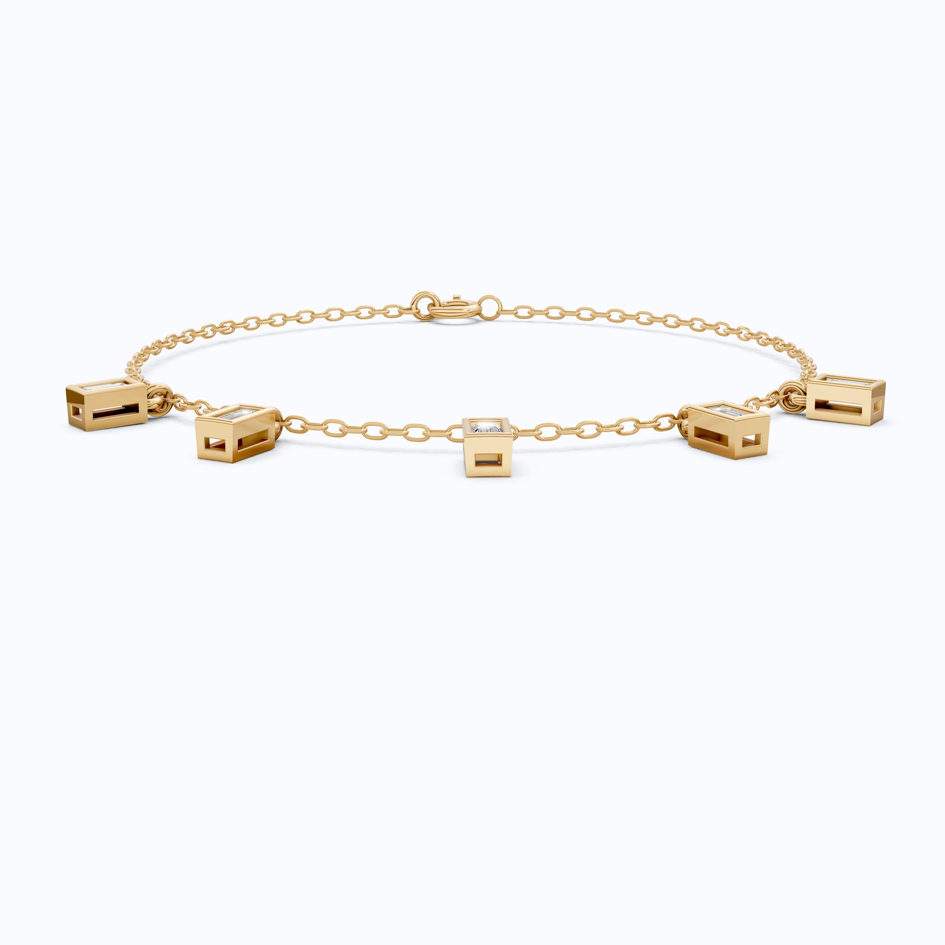 Modern Baguette Drop Charm Bracelet in 14k Solid Gold, 0.7 TCW Baguette Cut Lab Created Diamonds, Gift for Her, Bridal Jewelry