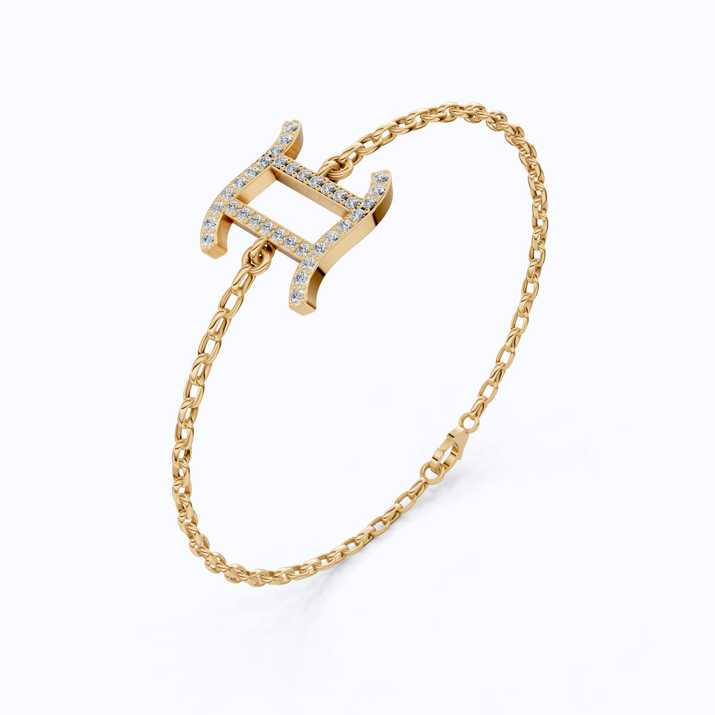 Stacking Gemini Zodiac Sign Bracelet in 14K Solid Gold, 0.34 TCW Round Cut Lab Grown Diamonds, Dainty Charm, Astrology Gift Jewelry