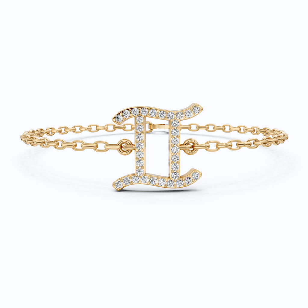 Stacking Gemini Zodiac Sign Bracelet in 14K Solid Gold, 0.34 TCW Round Cut Lab Grown Diamonds, Dainty Charm, Astrology Gift Jewelry
