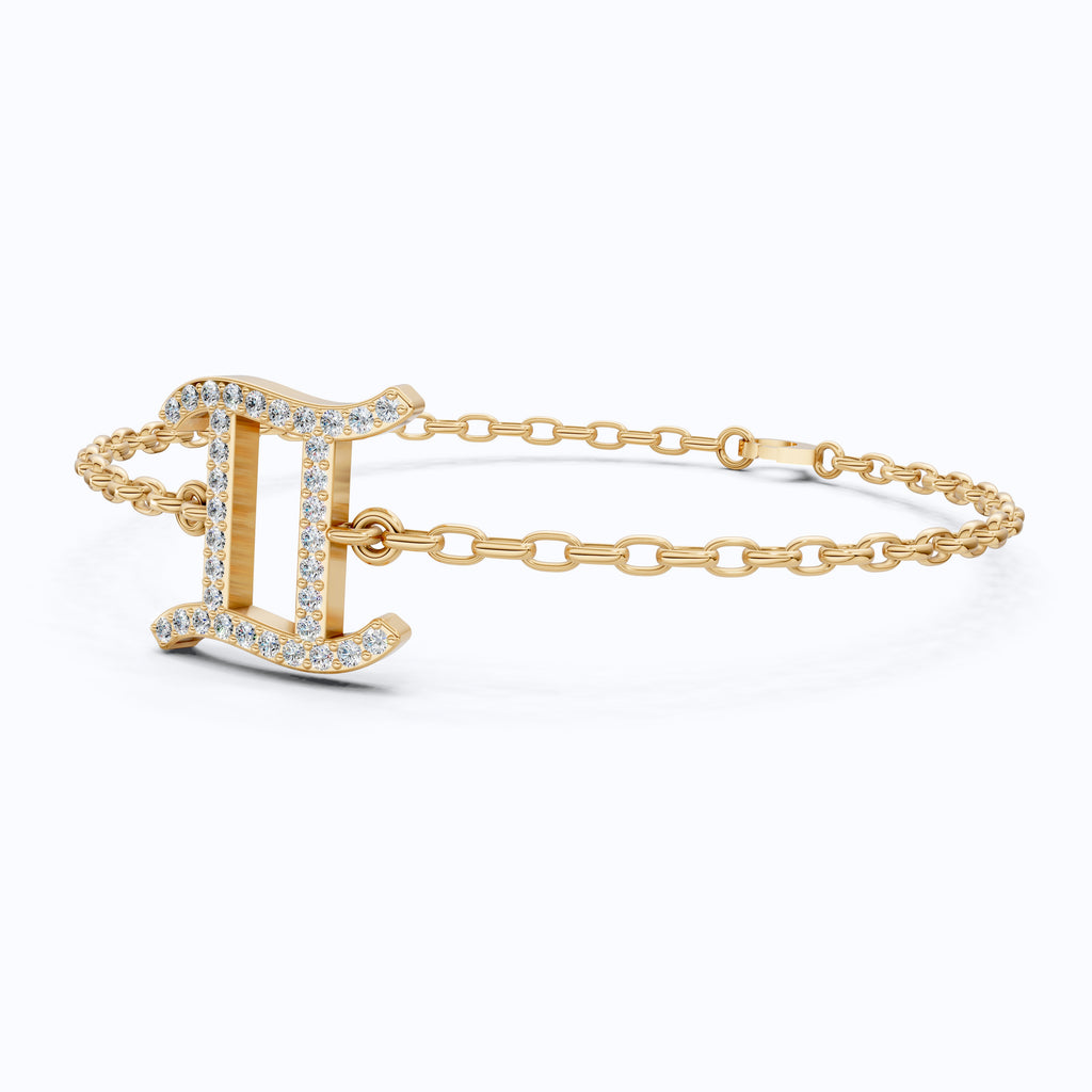 Stacking Gemini Zodiac Sign Bracelet in 14K Solid Gold, 0.34 TCW Round Cut Lab Grown Diamonds, Dainty Charm, Astrology Gift Jewelry