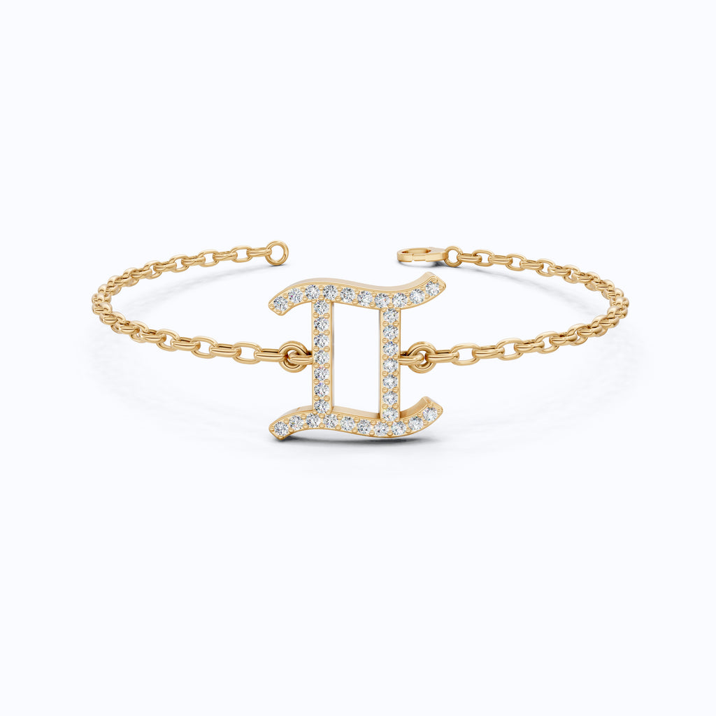 Stacking Gemini Zodiac Sign Bracelet in 14K Solid Gold, 0.34 TCW Round Cut Lab Grown Diamonds, Dainty Charm, Astrology Gift Jewelry