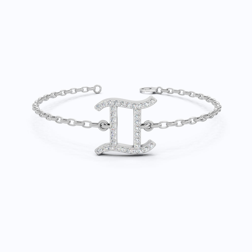 Stacking Gemini Zodiac Sign Bracelet in 14K Solid Gold, 0.34 TCW Round Cut Lab Grown Diamonds, Dainty Charm, Astrology Gift Jewelry