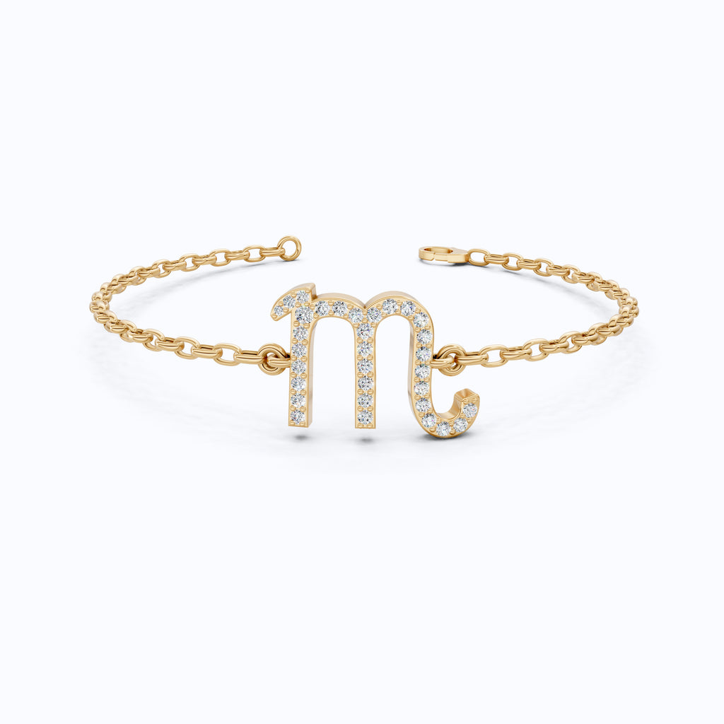 Minimalist Scorpio Symbol Bracelet in 14K Solid Gold, 0.31 TCW Round Cut Lab Created Diamonds, Personalized Astrology Birthday Gift for Her