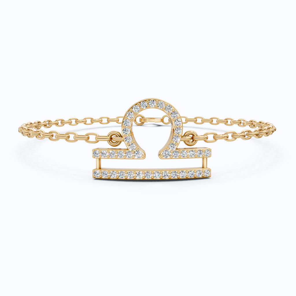 Libra Zodiac Sign Chain Bracelet in 14K Solid Gold, 0.42 TCW Round Cut Lab Created Diamonds, Dainty Chain, Gift for Her, Fashion Jewelry