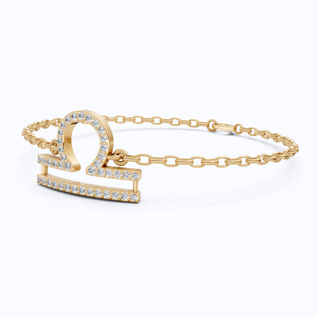 Libra Zodiac Sign Chain Bracelet in 14K Solid Gold, 0.42 TCW Round Cut Lab Created Diamonds, Dainty Chain, Gift for Her, Fashion Jewelry