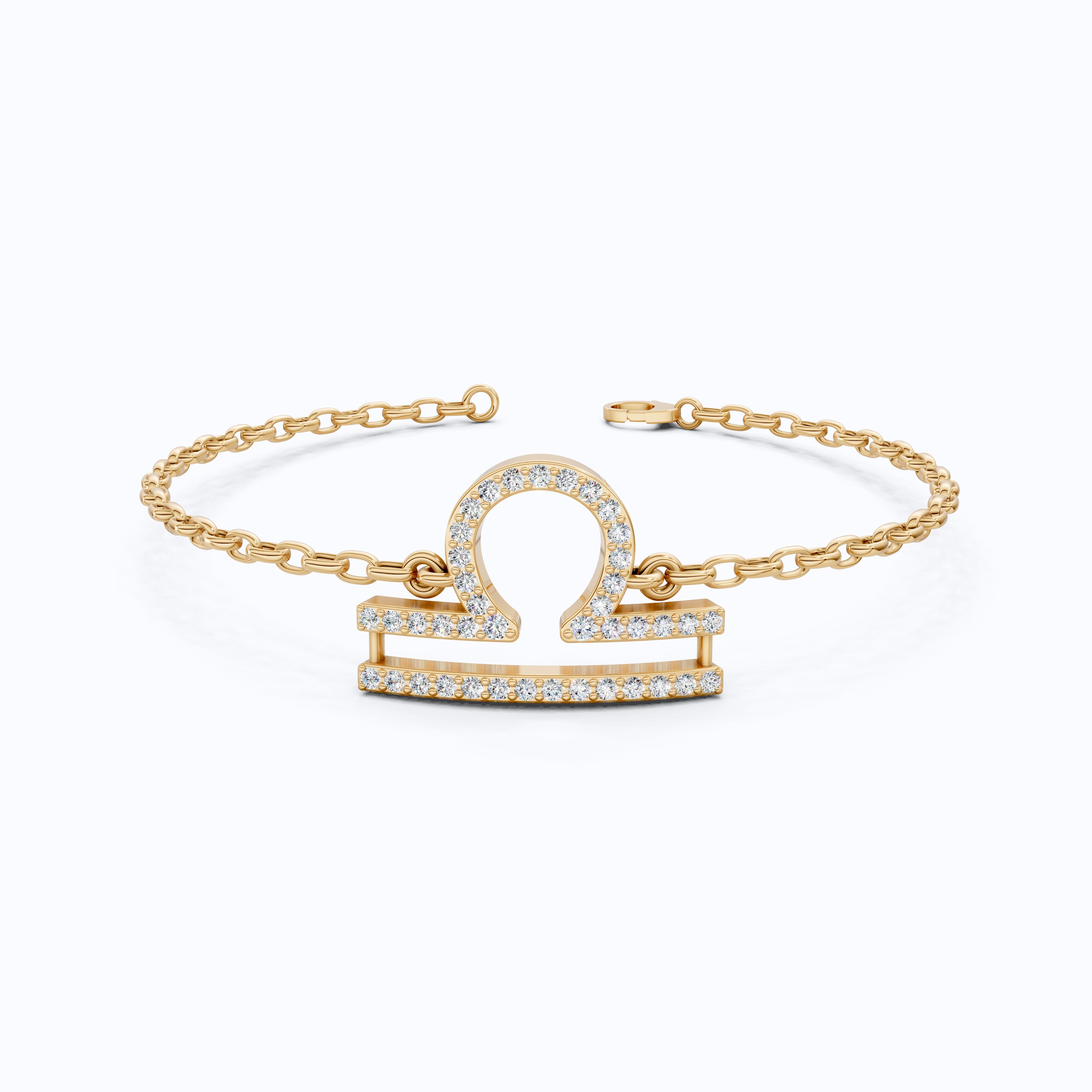 Libra Zodiac Sign Chain Bracelet in 14K Solid Gold, 0.42 TCW Round Cut Lab Created Diamonds, Dainty Chain, Gift for Her, Fashion Jewelry