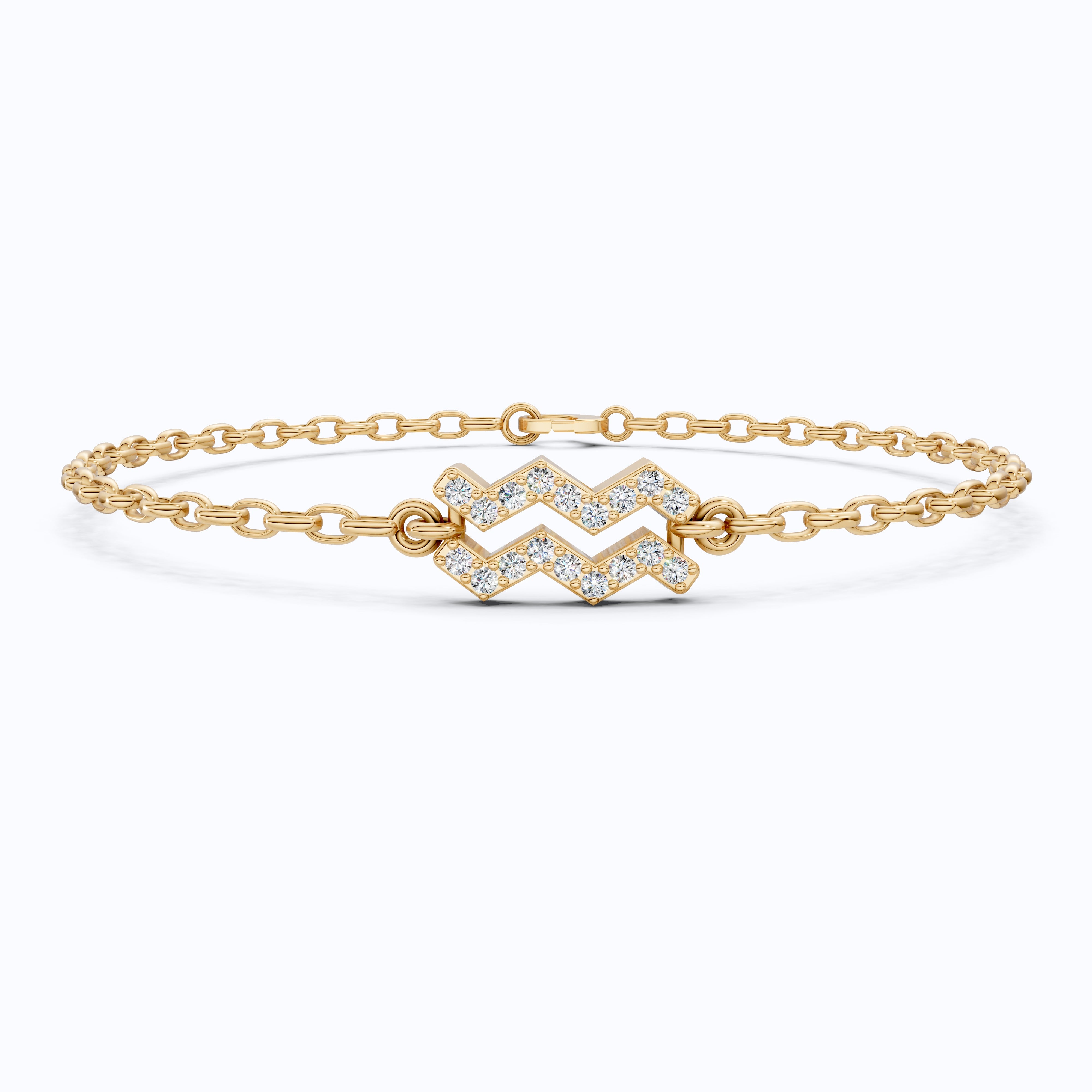 Dainty Aquarius Zodiac Sign Chain Bracelet in 14K Solid Gold, 0.18 TCW Round Cut Lab Created Diamonds, Birthstone Gift for Her, Stacking Celestial Jewelry