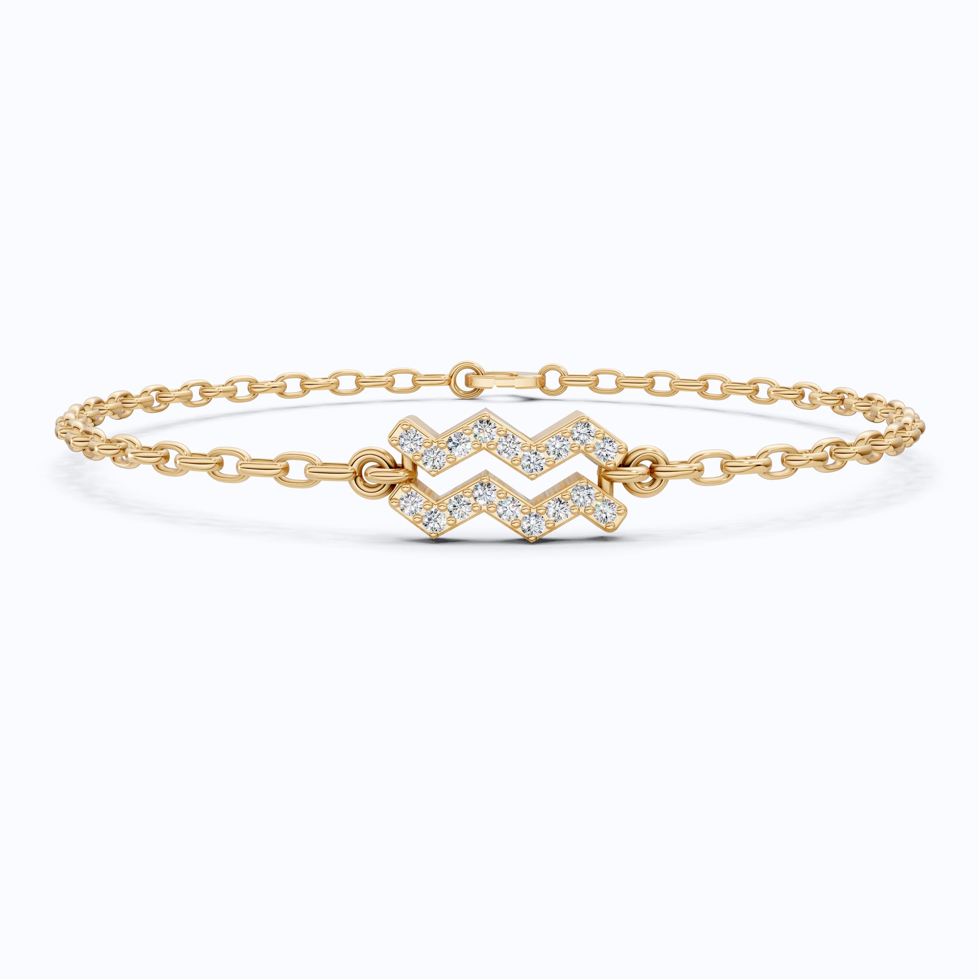 Dainty Aquarius Zodiac Sign Chain Bracelet in 14K Solid Gold, 0.18 TCW Round Cut Lab Created Diamonds, Birthstone Gift for Her, Stacking Celestial Jewelry