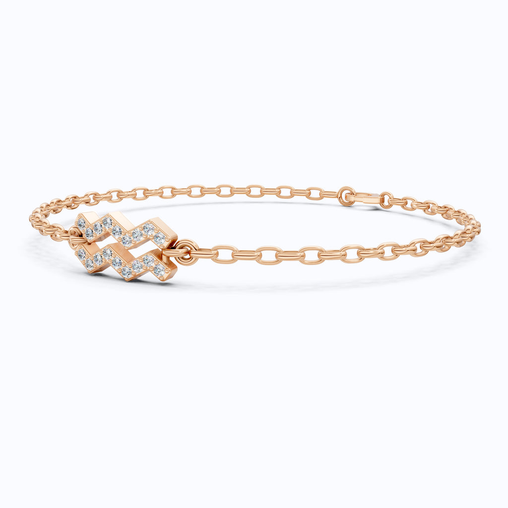 Dainty Aquarius Zodiac Sign Chain Bracelet in 14K Solid Gold, 0.18 TCW Round Cut Lab Created Diamonds, Birthstone Gift for Her, Stacking Celestial Jewelry
