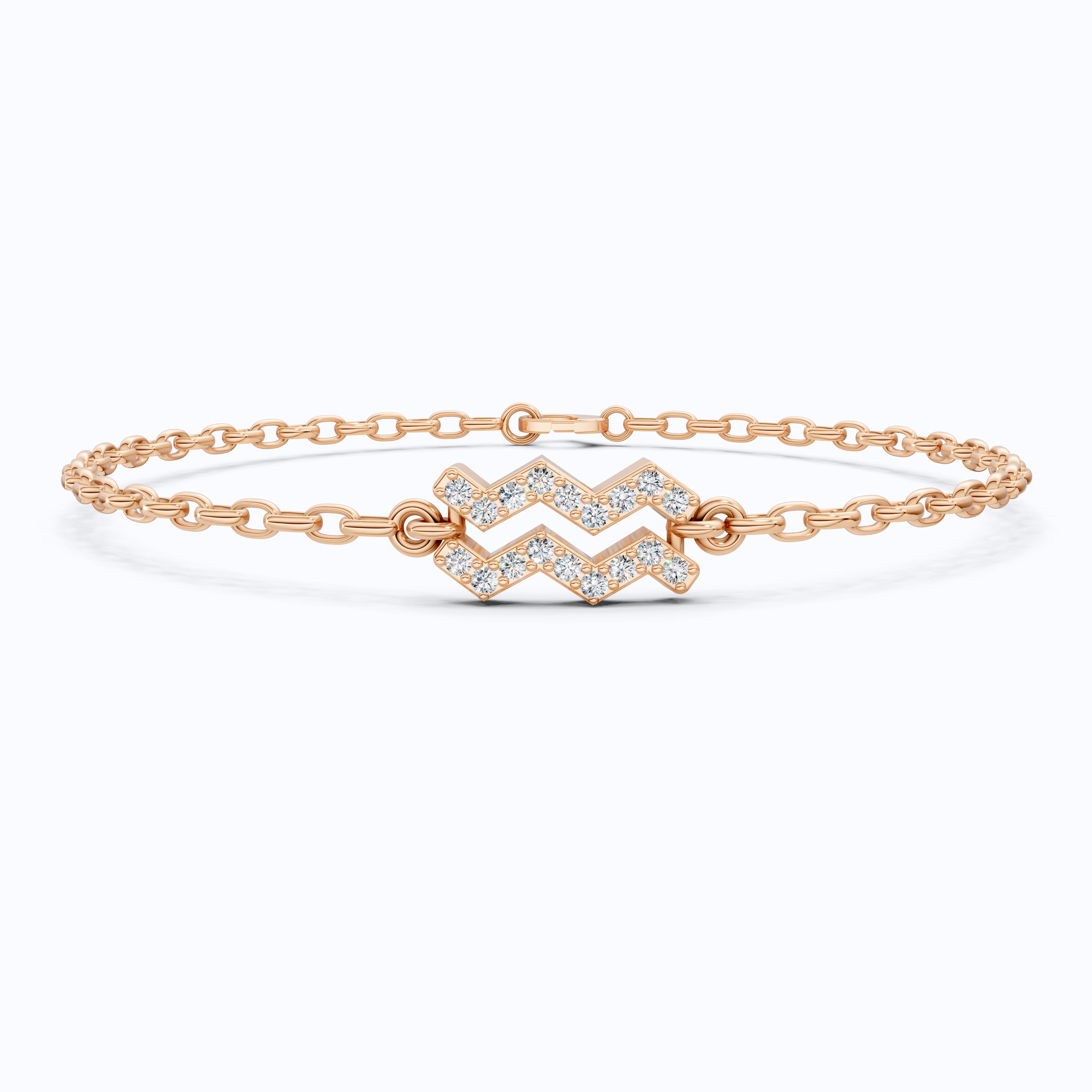 Dainty Aquarius Zodiac Sign Chain Bracelet in 14K Solid Gold, 0.18 TCW Round Cut Lab Created Diamonds, Birthstone Gift for Her, Stacking Celestial Jewelry