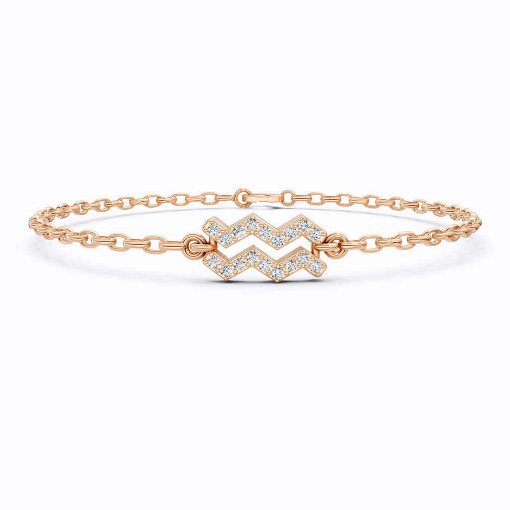 Dainty Aquarius Zodiac Sign Chain Bracelet in 14K Solid Gold, 0.18 TCW Round Cut Lab Created Diamonds, Birthstone Gift for Her, Stacking Celestial Jewelry