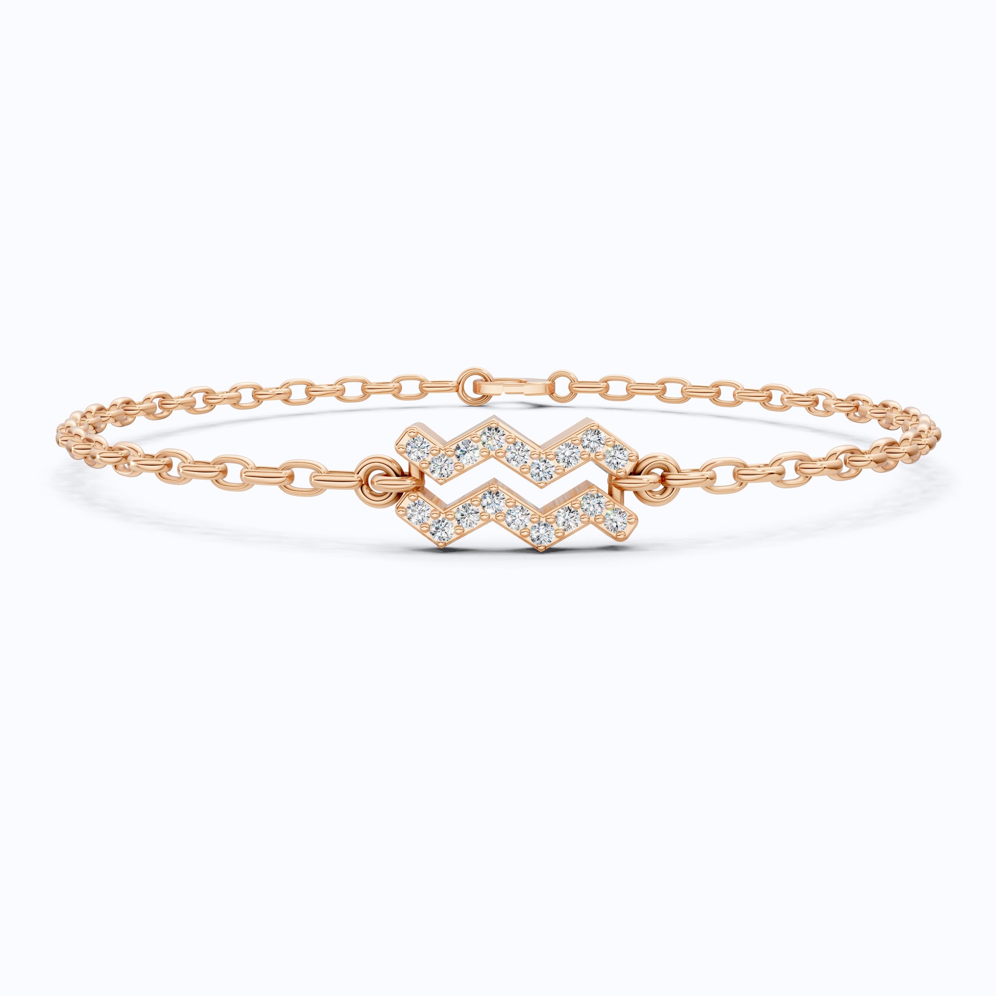 Dainty Aquarius Zodiac Sign Chain Bracelet in 14K Solid Gold, 0.18 TCW Round Cut Lab Created Diamonds, Birthstone Gift for Her, Stacking Celestial Jewelry