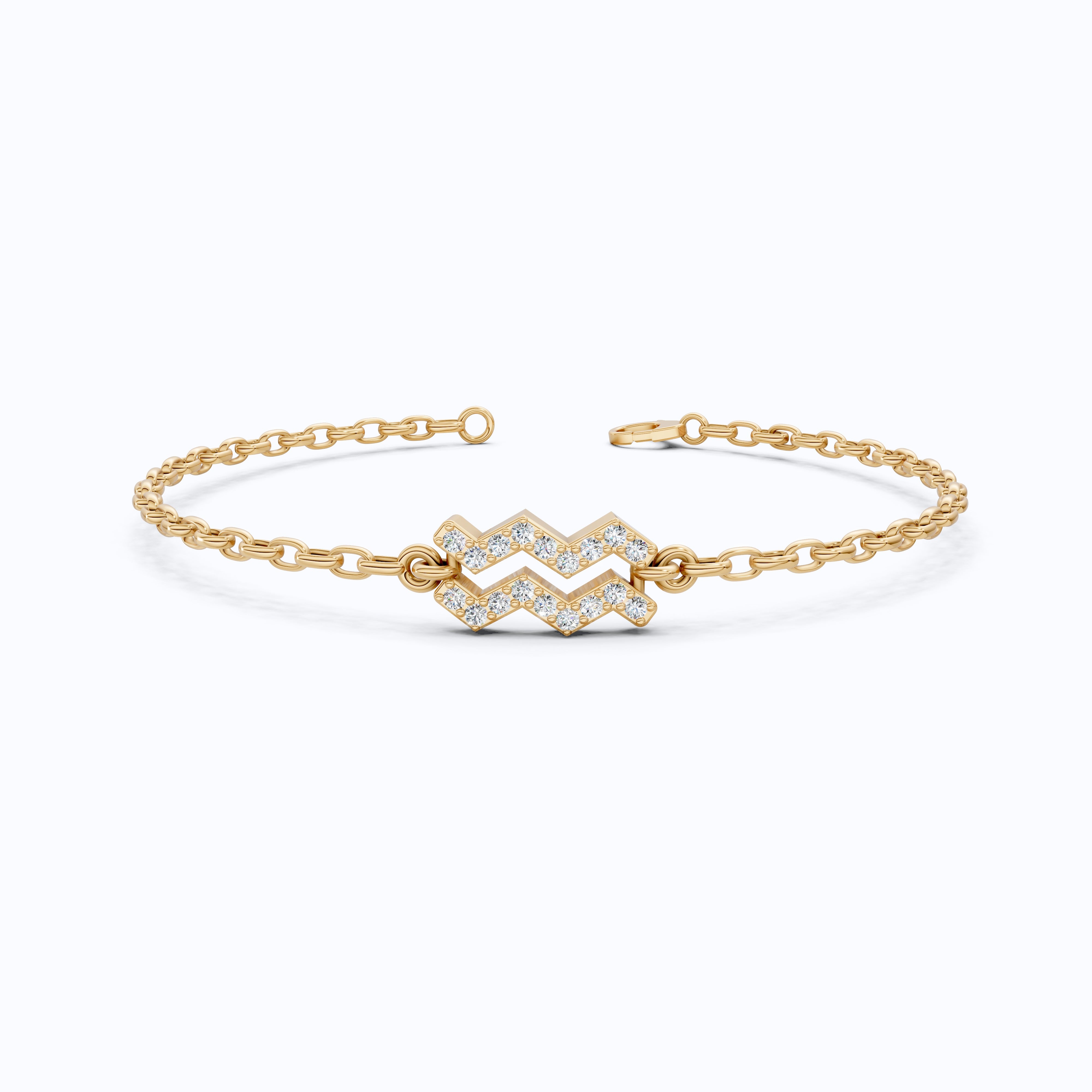 Dainty Aquarius Zodiac Sign Chain Bracelet in 14K Solid Gold, 0.18 TCW Round Cut Lab Created Diamonds, Birthstone Gift for Her, Stacking Celestial Jewelry