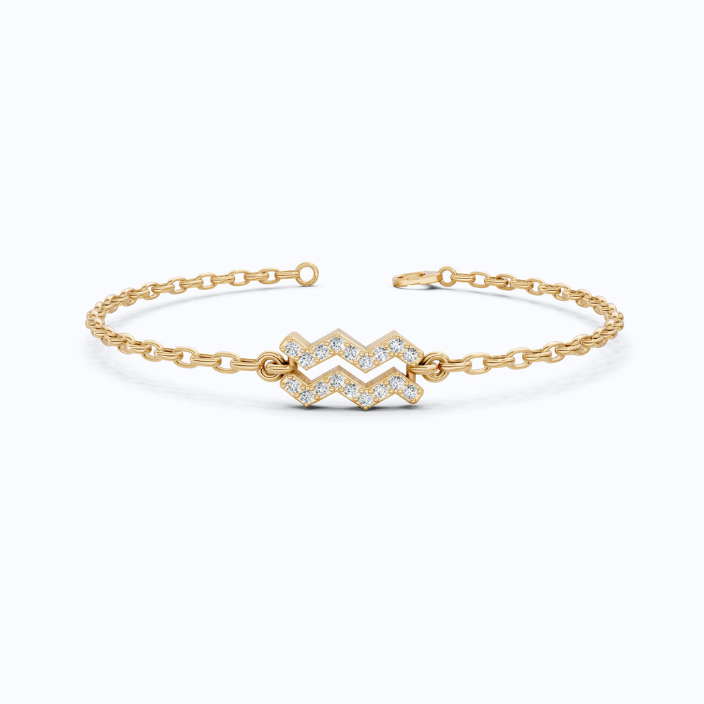 Dainty Aquarius Zodiac Sign Chain Bracelet in 14K Solid Gold, 0.18 TCW Round Cut Lab Created Diamonds, Birthstone Gift for Her, Stacking Celestial Jewelry