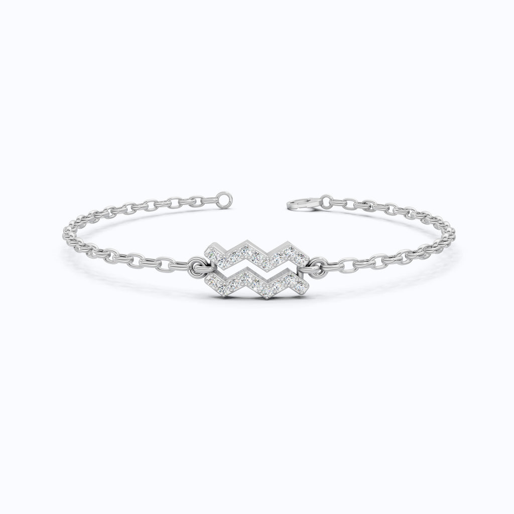 Dainty Aquarius Zodiac Sign Chain Bracelet in 14K Solid Gold, 0.18 TCW Round Cut Lab Created Diamonds, Birthstone Gift for Her, Stacking Celestial Jewelry