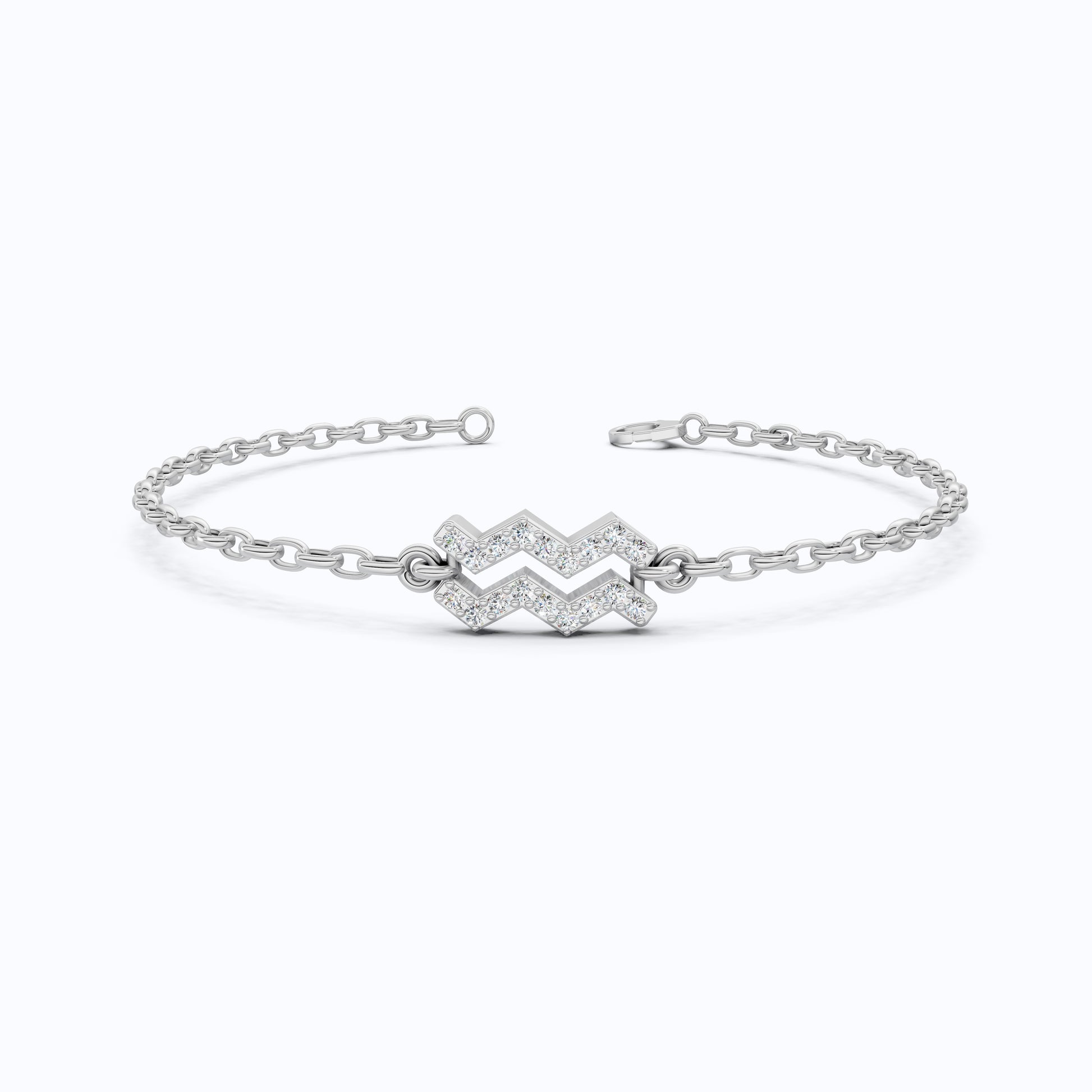 Dainty Aquarius Zodiac Sign Chain Bracelet in 14K Solid Gold, 0.18 TCW Round Cut Lab Created Diamonds, Birthstone Gift for Her, Stacking Celestial Jewelry